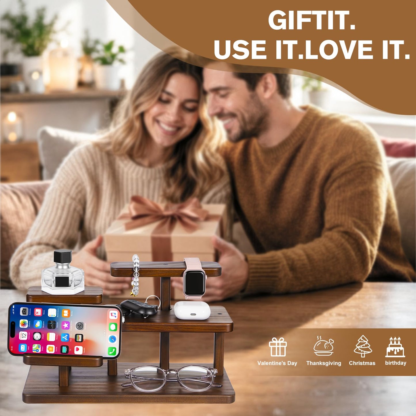 Gifts for Men Christmas Wood Phone Docking Station Desk Organizer Fathers Gifts Anniversary Birthday Gifts for him Xmas Presents for husband