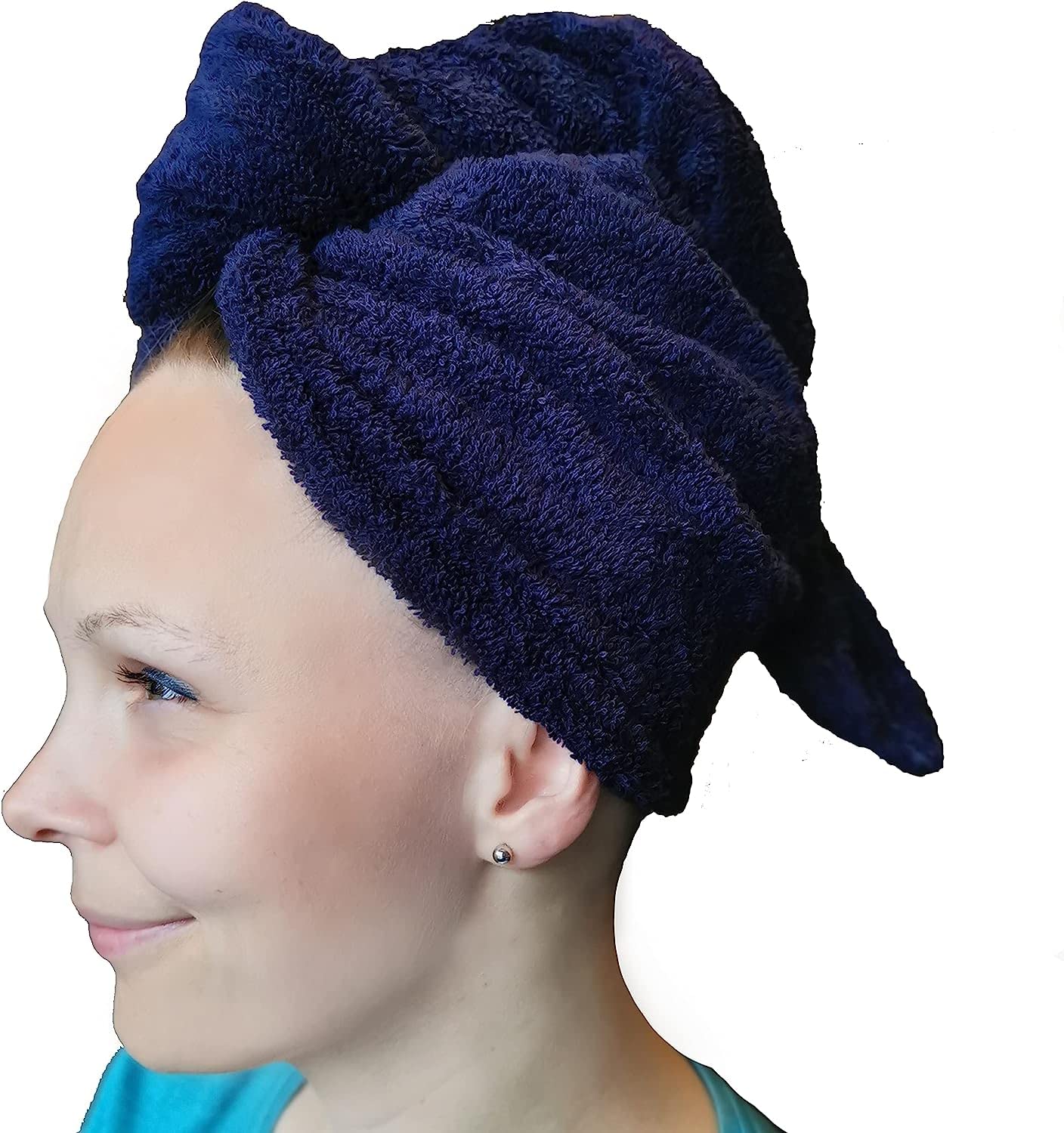 LLAMAXY 100% Pure Organic Cotton Hair Towel - Quick Dry Turban Wrap for Adults and Children - 3 Pack Blue