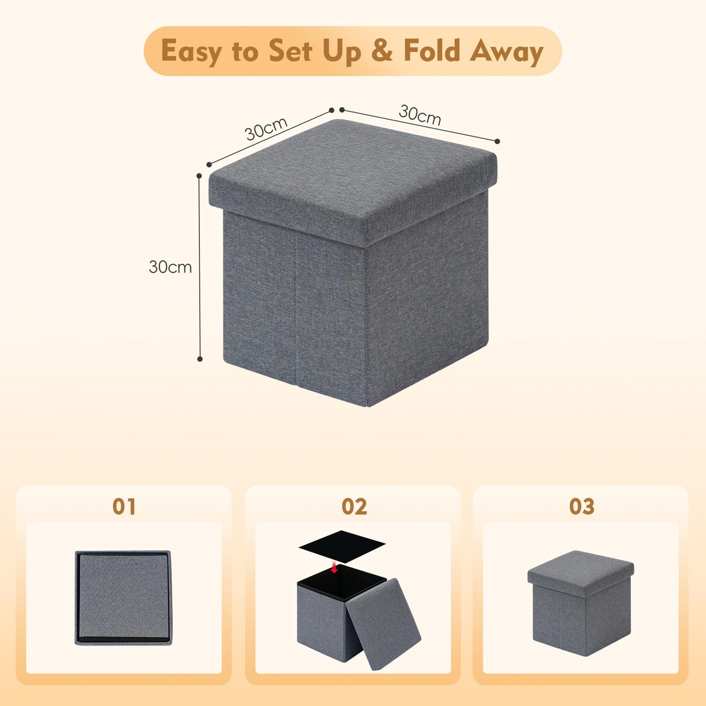 Bonlife Grey Small Ottoman Storage Box with Lid,Foot Rest Stool with Storage,Linen Toy Chest Box,Folding Footstool Cube Seat for Living Room 11.8"