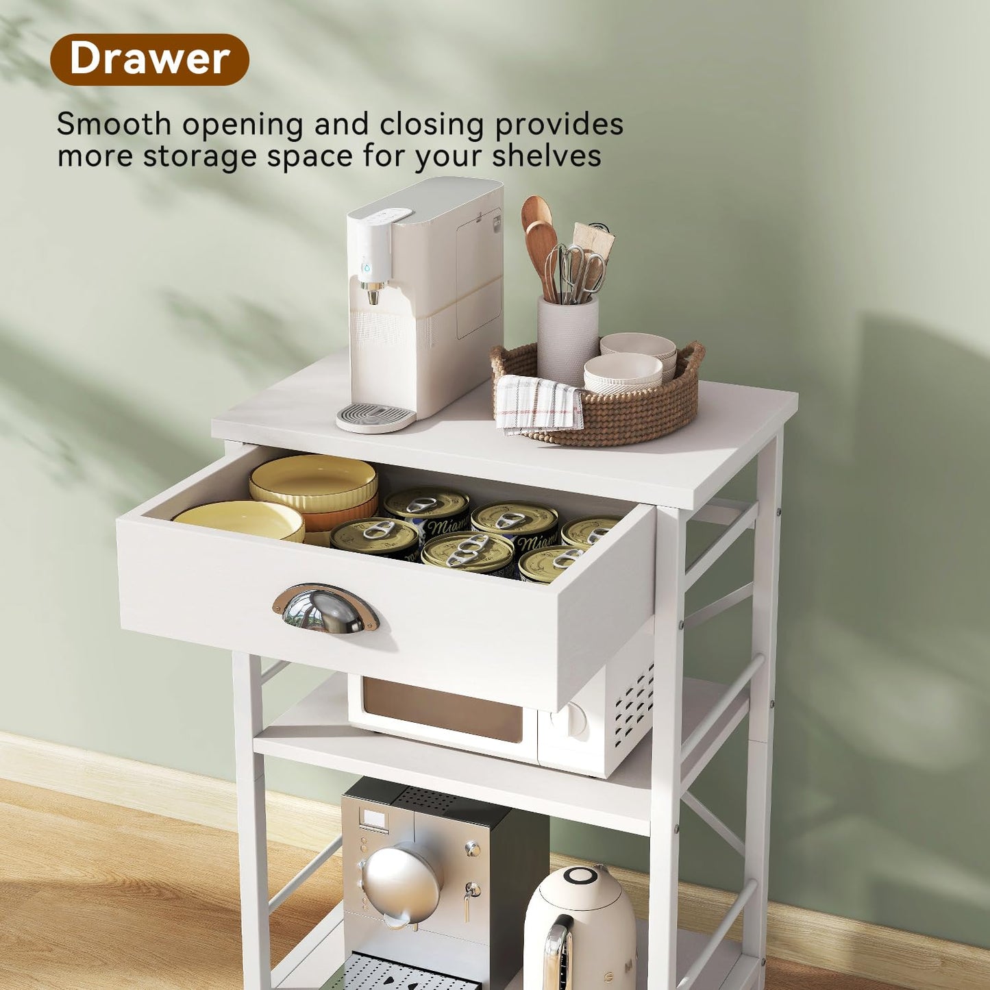 IBUYKE Kitchen Bakers Rack with Drawers,3-Tier Microwave Oven Stand with Storage, Coffee Bar Table with Wheels,Adjustable Shelf,Simple Assembly,White