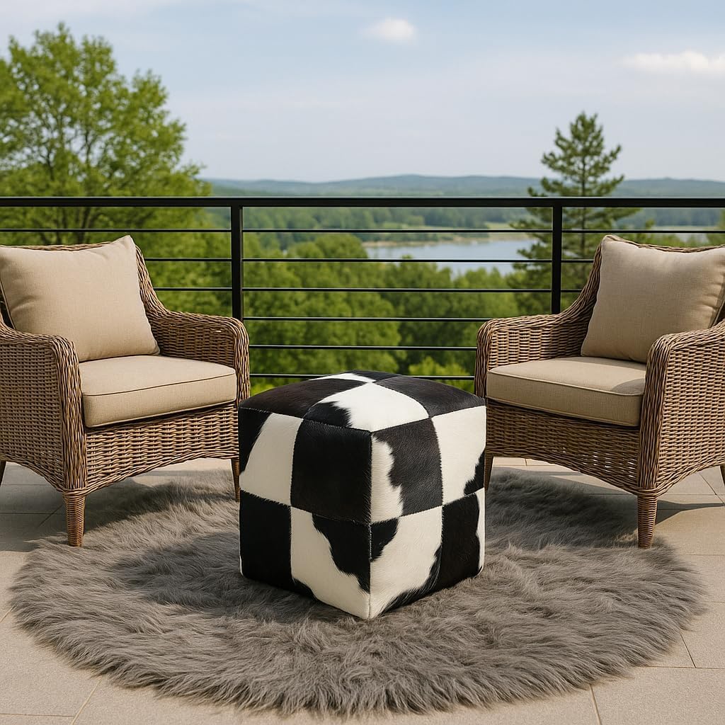 Heaven Hush Unstuffed Pouffe Cover Ottoman Handmade Hair-on Leather Pouf Cover only Genuine Cowhide Square Footrest Footstool Seat for Balcony Office