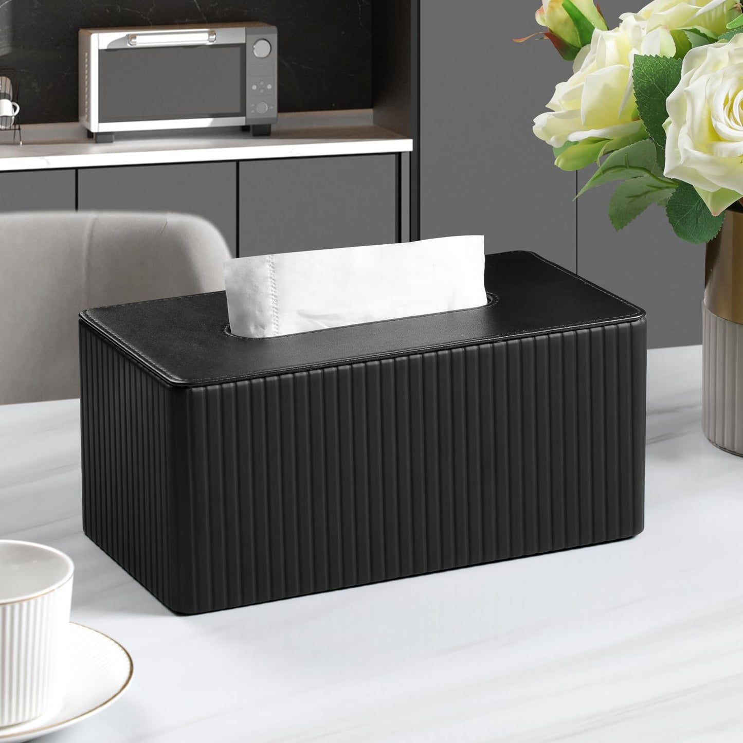 MEIBOOCH Tissue Box Cover Stylish PU Leather Rectangular Tissue Box Holder with Magnetic Bottom Cover for Bathroom Bedroom or Office (Black Stripe)