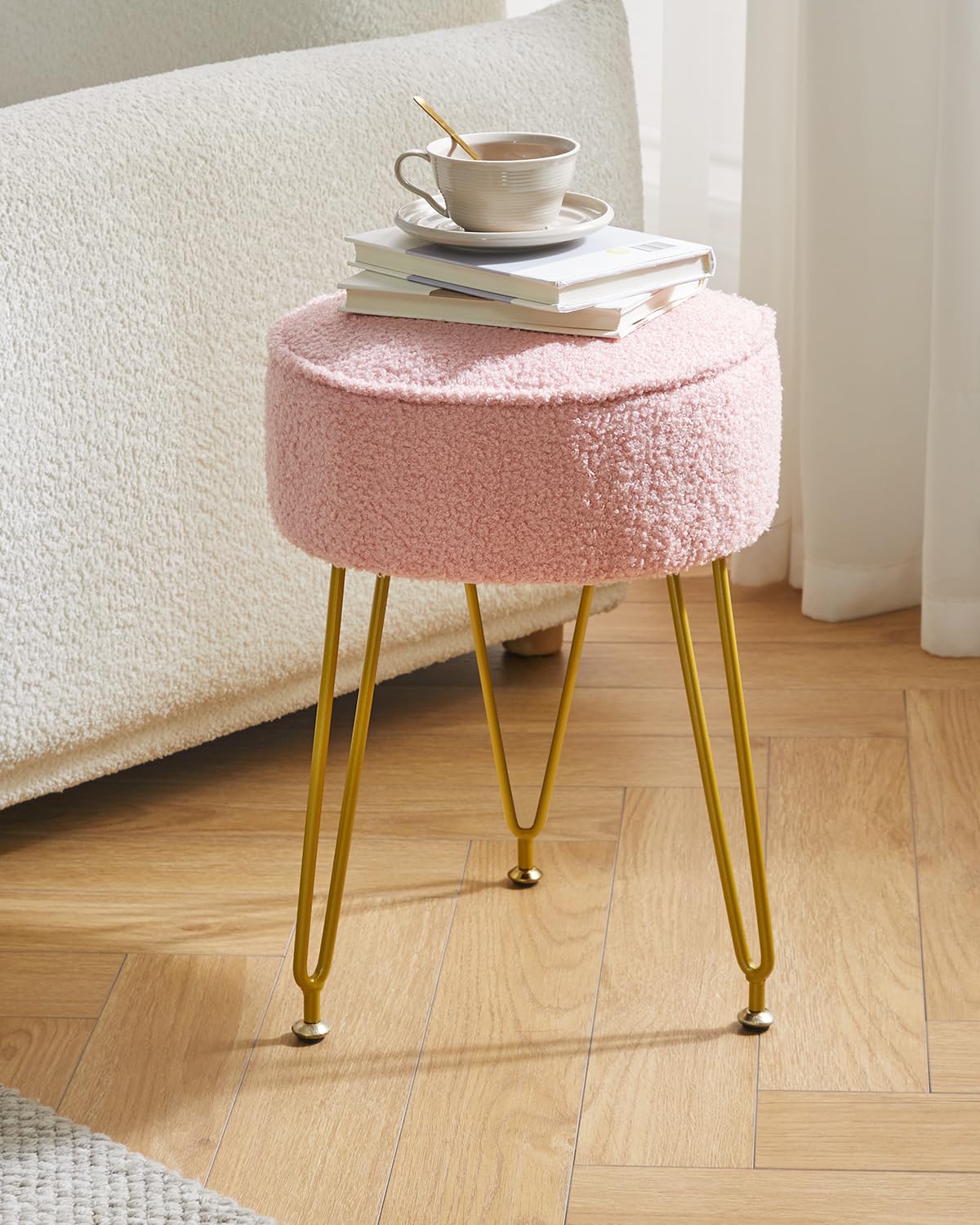 IBUYKE Makeup Vanity Stool Chair, Teddy Velvet Footrest, Pink WBD009P