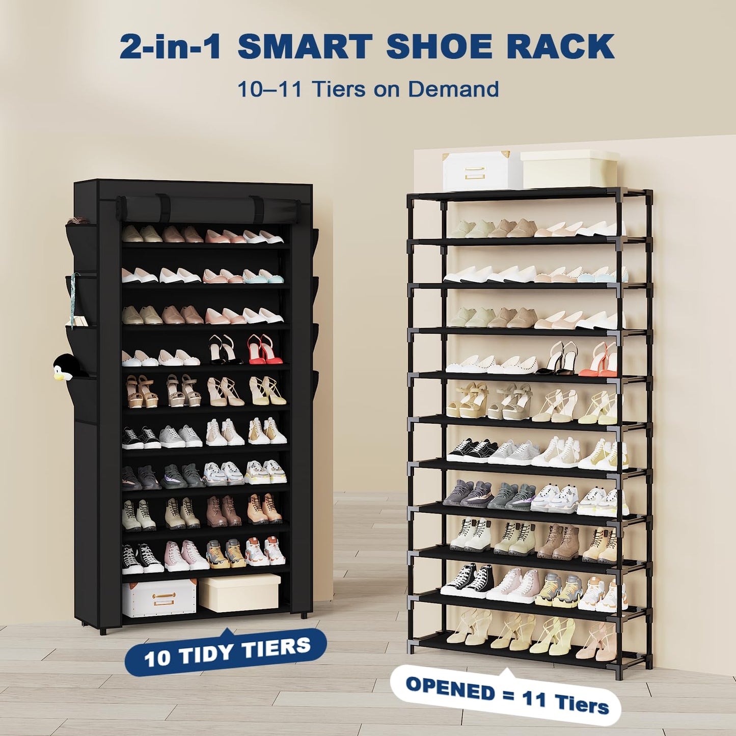10+1 Tier Shoes Rack with Cover, Shoe Rack Cabinet，Tall Shoe Storage.