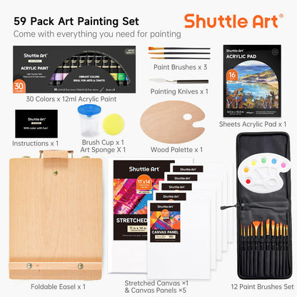 Shuttle Art 59 Pack Acrylic Painting Set, Professional Deluxe Art Set with Table Top Easel, 30 Colours Acrylic Paints Set, Canvas, Brushes, Complete