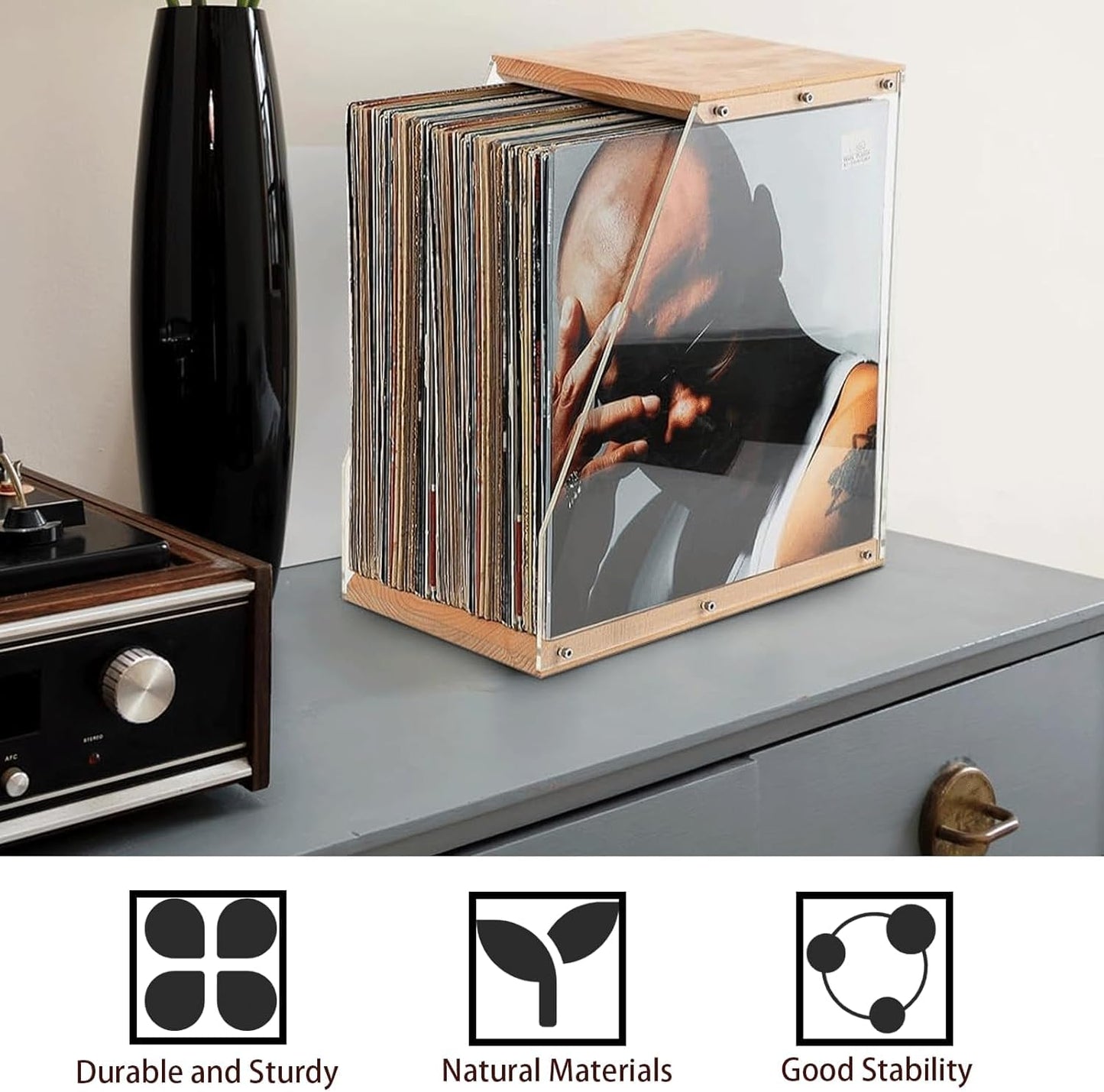 Wooden Vinyl Record Stand Compact Album Storage & Display Organizer for Home, Office, or Desktop Easy Assembly, Modern Design (Black)