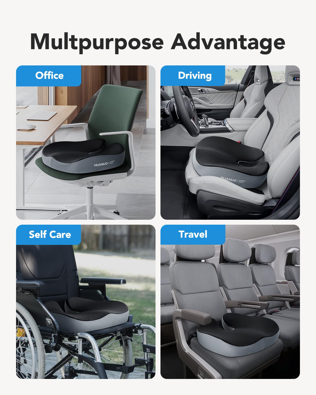 HUANUO Seat Cushion for Office Chairs, Extra Large Desk Chair Cushion for Back Pain Tailbone Pain Relief, Ergonomic Memory Foam Car Seat Cushion