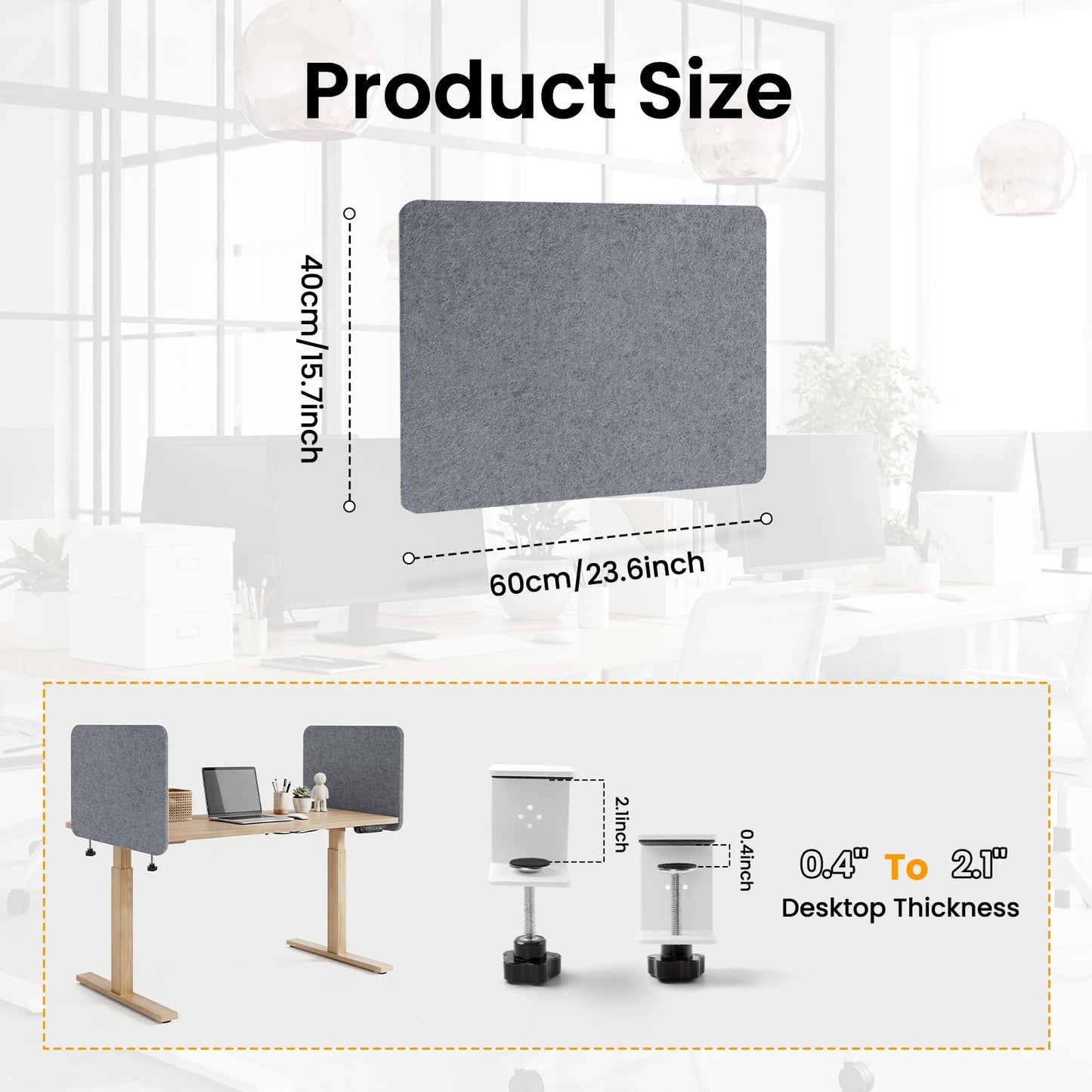 2-Pack Felt Desk Dividers, Clamp-On Panels, 40 x 60 cm, Light Grey