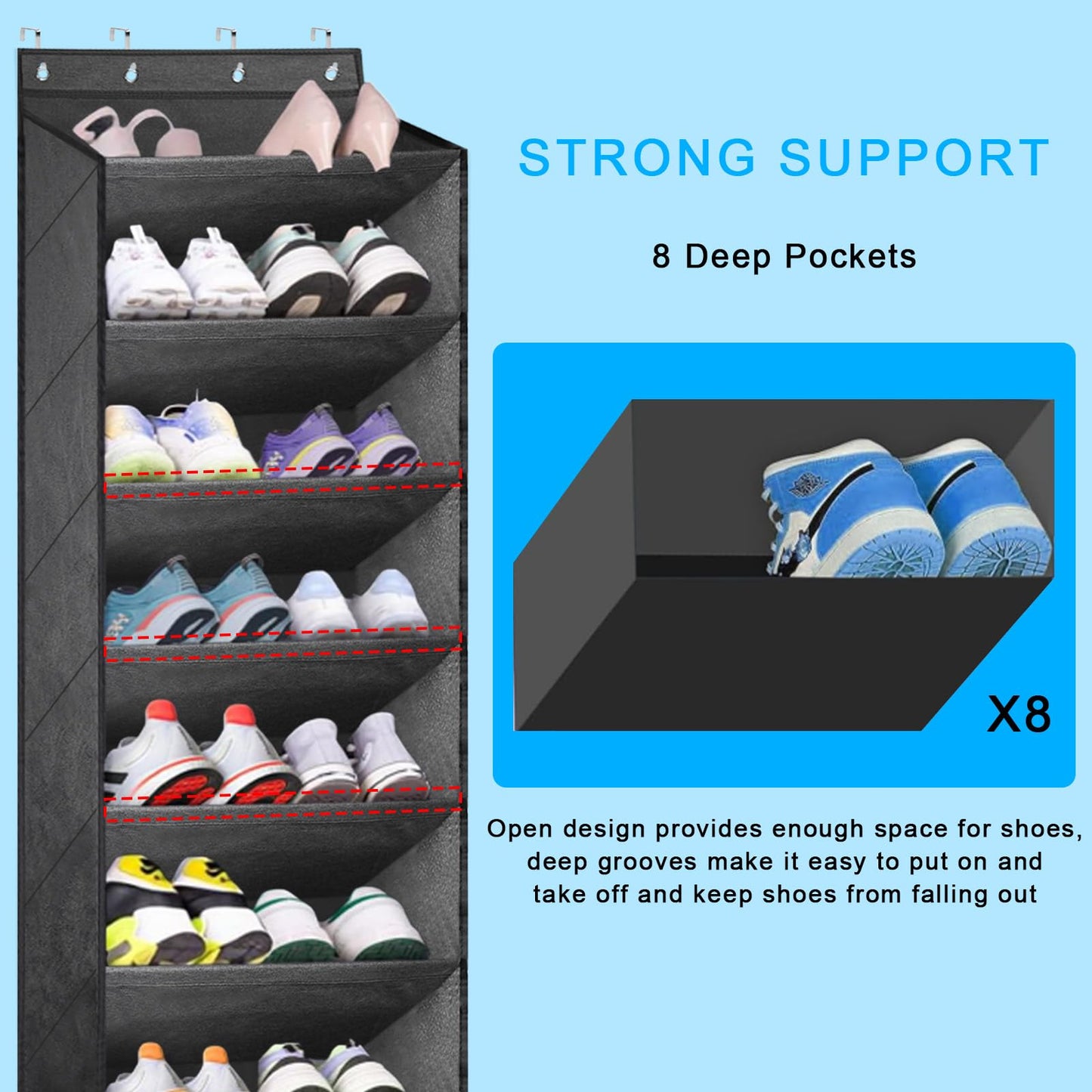 bssmmai Over Door Shoe Storage, Hanging Shoe Storage, Door Shoe Rack with 8 Deep Pockets, Overdoor Shoe Storage Organiser with 4 sturdy metal hooks
