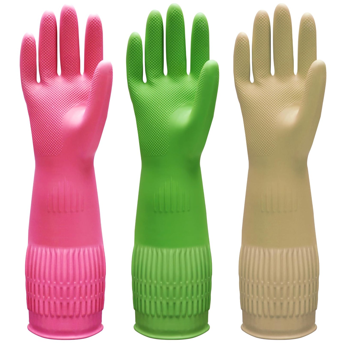[WAHALAA] Bamllum 3 Pairs of Rubber Dishwashing Gloves for Kitchen and Household Cleaning - Long Cuff 15", Reusable, Flexible Long-lasting and