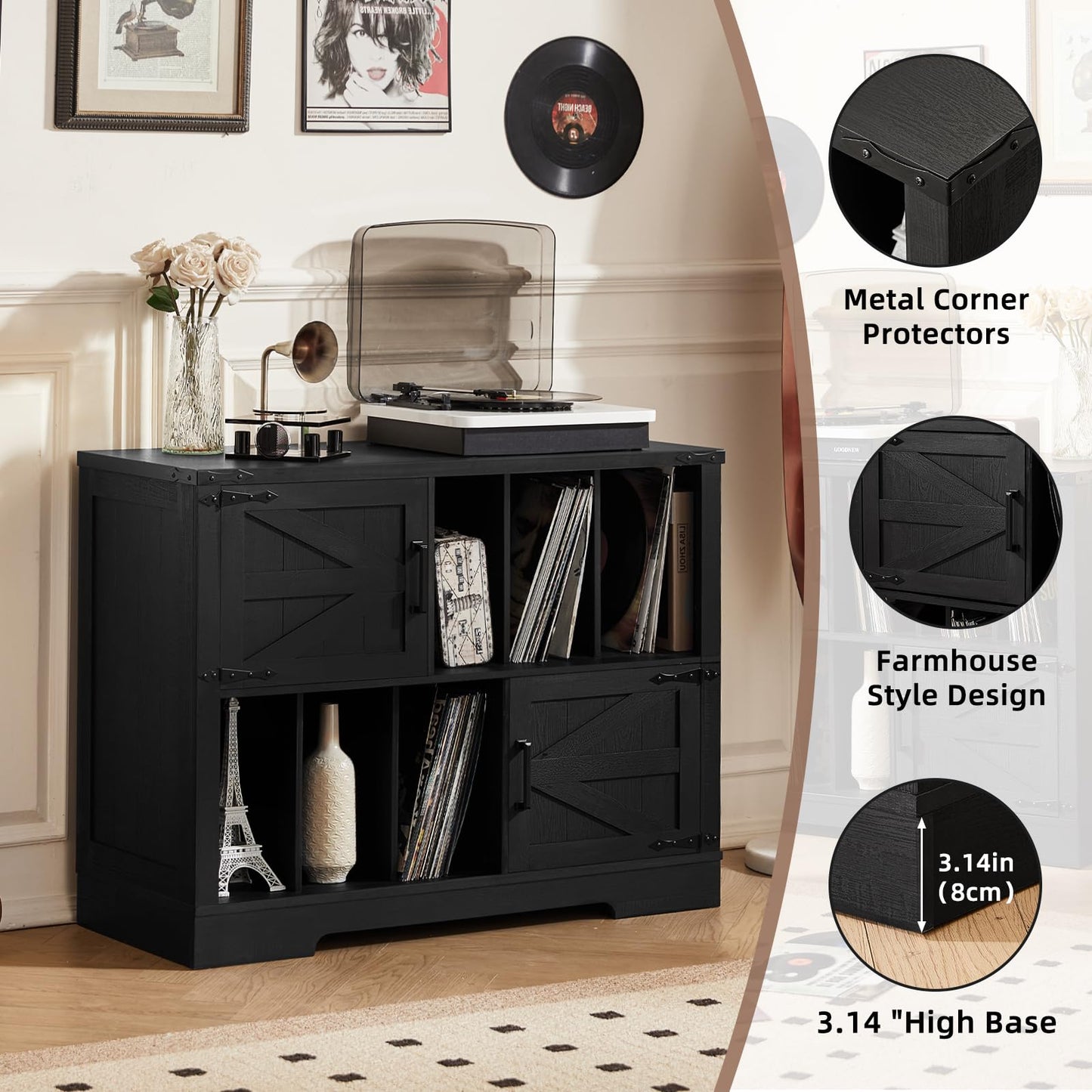 LELELINKY Record Player Stand with Storage, 1m Farmhouse Vinyl Cabinet