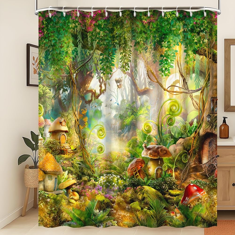 Xiaoterna Fairy Tale Forest Shower Curtain Mushroom Green Tree Grass Bathroom Curtain Spring Magic Enchanted Forest Fantastic Jungle Shower Curtain