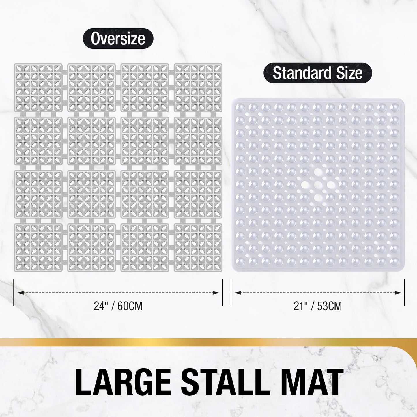HITSLAM Square Shower Mat Non Slip Anti Mould, 60 x 60 cm Cut to Fit No Odor Soft TPE Bath Mat with Suction Cups and Drain Holes
