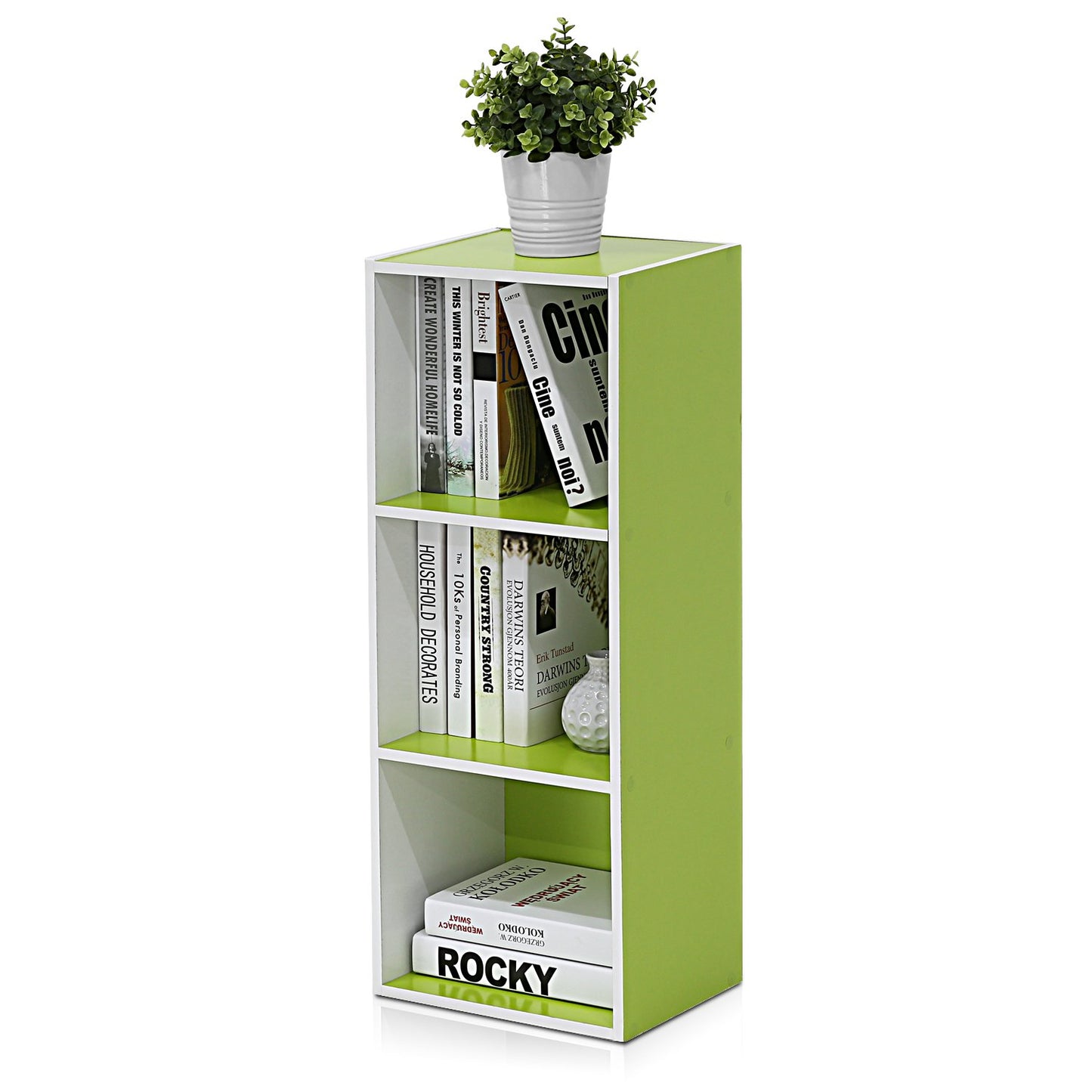 Furinno LUDER Book Shelf, 3-Cube Bookshelf, Bookcase, 9.3 x 12 x 31.5, for Living Room, Bedroom, Home Office, White/Green