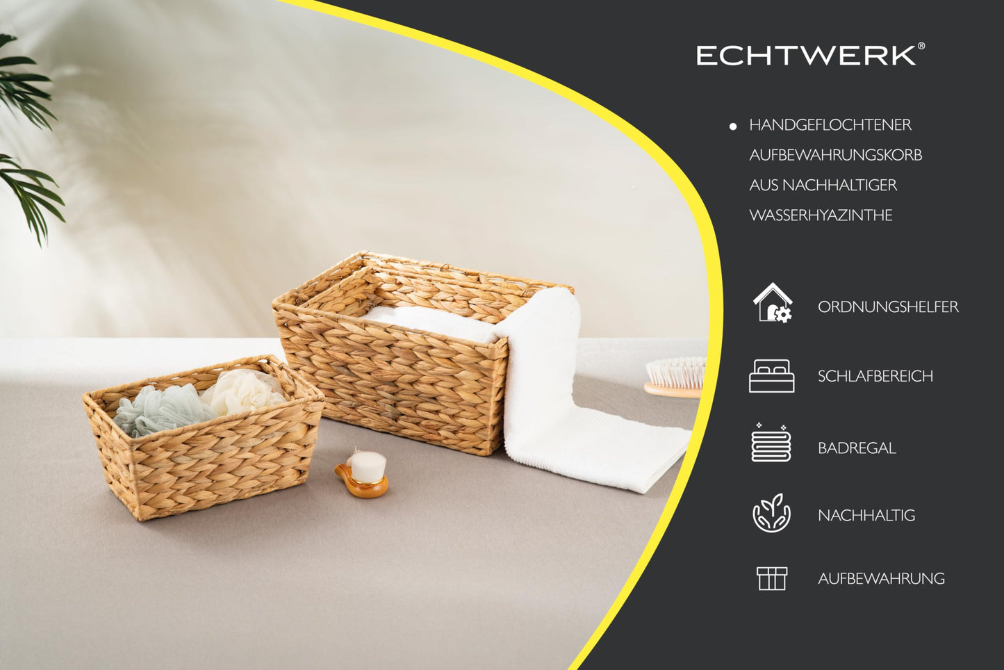 ECHTWERK Set of 3 Water Hyacinth Storage Baskets, Rectangular, Natural, Woven Baskets in S/M/L, Stackable for Bathroom, Office & Living Room
