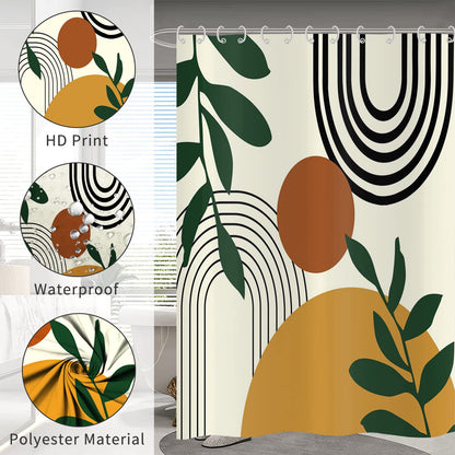 Hnmdmyi Boho Shower Curtain 165x180, Mid Century Abstract Arch Sun Green Leaf Beige Bathroom Curtains Modern Minimalist Aesthetic Art Waterproof