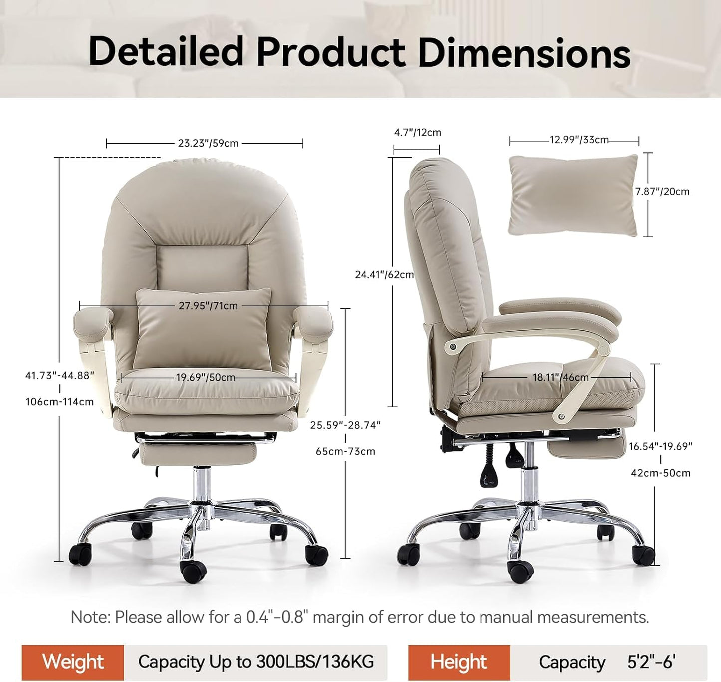 EMIAH Ergonomic Office Chair with Footrest, PU Leather, Beige