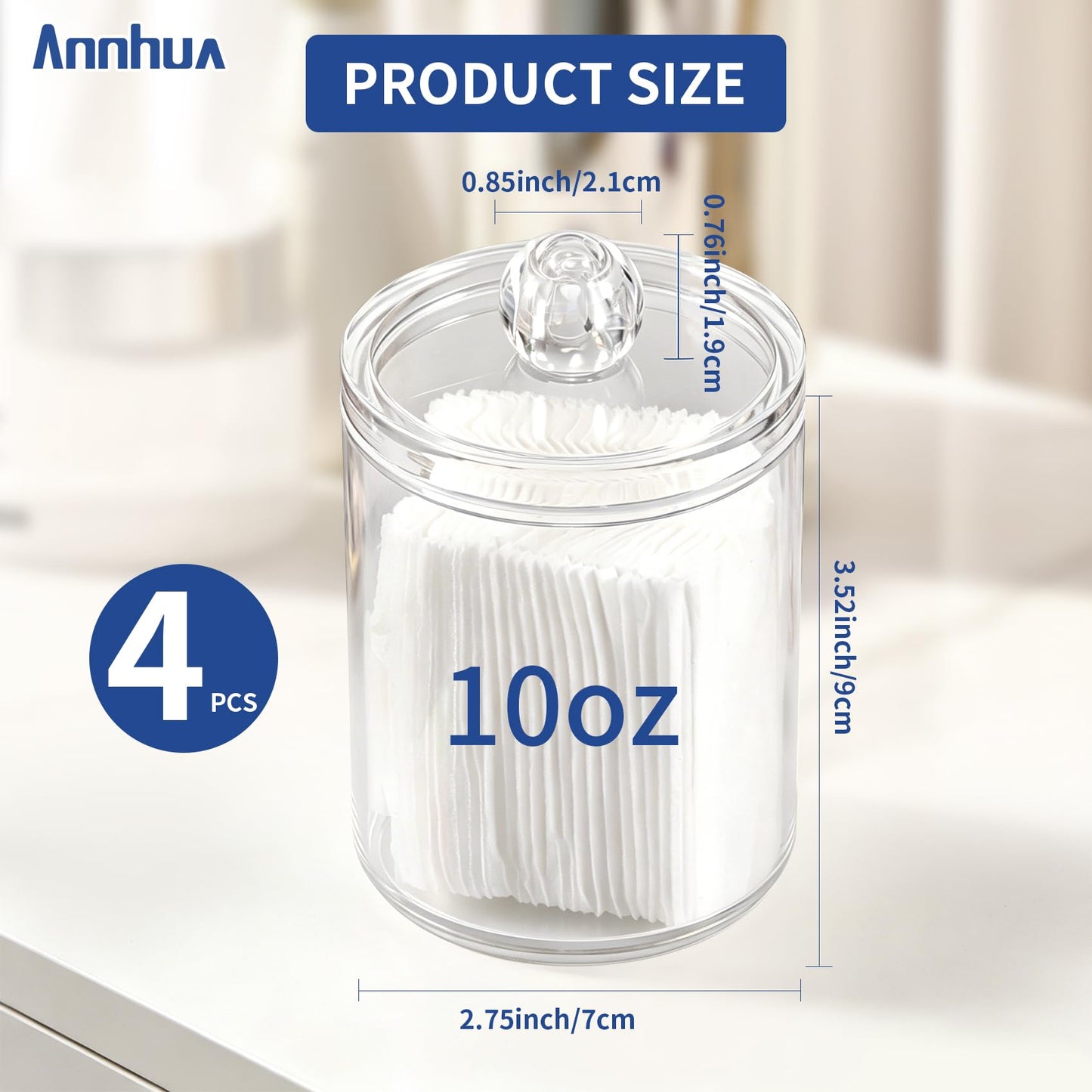 Annhua 4 Pcs Cotton Bud Holder 10 Oz Cotton Pad Holder with Lids, Plastic Bathroom Jars for Facial Pads, Swabs, Dental Picks, Hair Bands