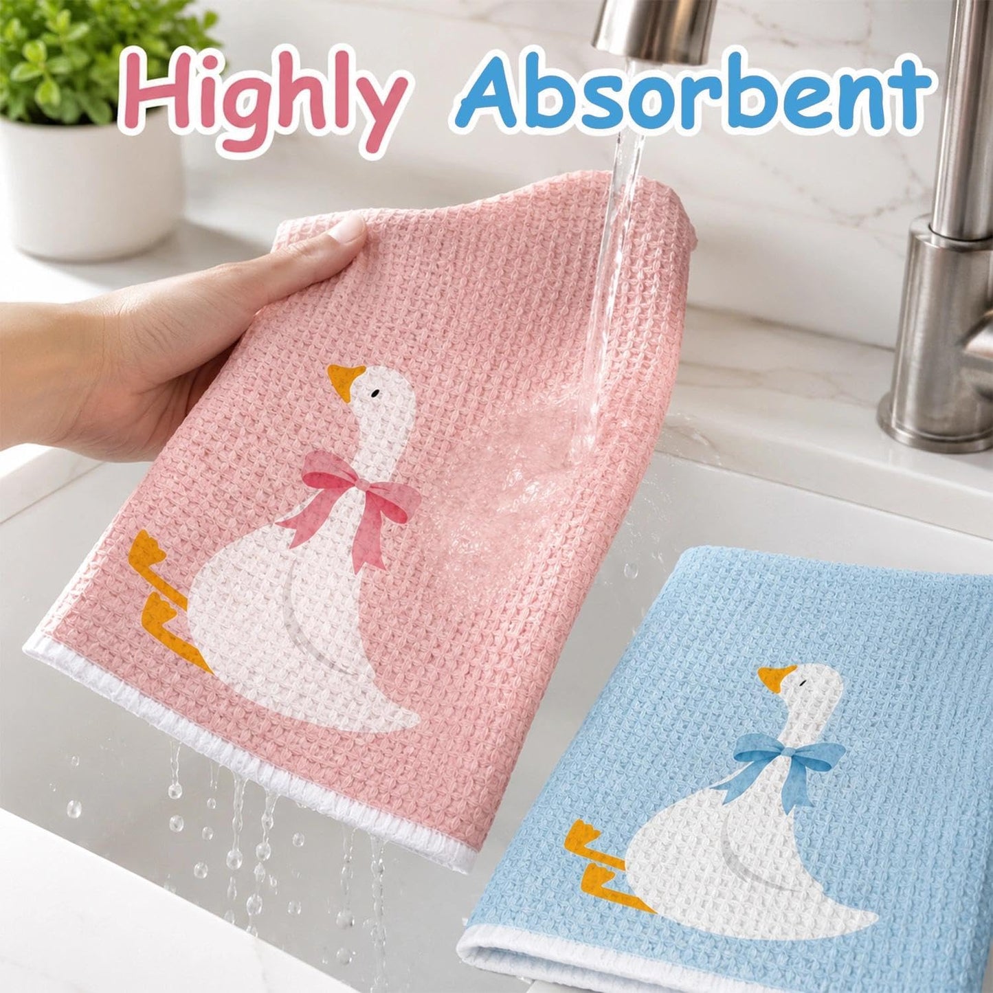ZENITHYX 2Pcs Goose Hand Towels, Waffle Animal Tea Towels for Kitchen Bathroom, Funny Goose Kitchen Tea Towels for Women Men Kids Daily Use