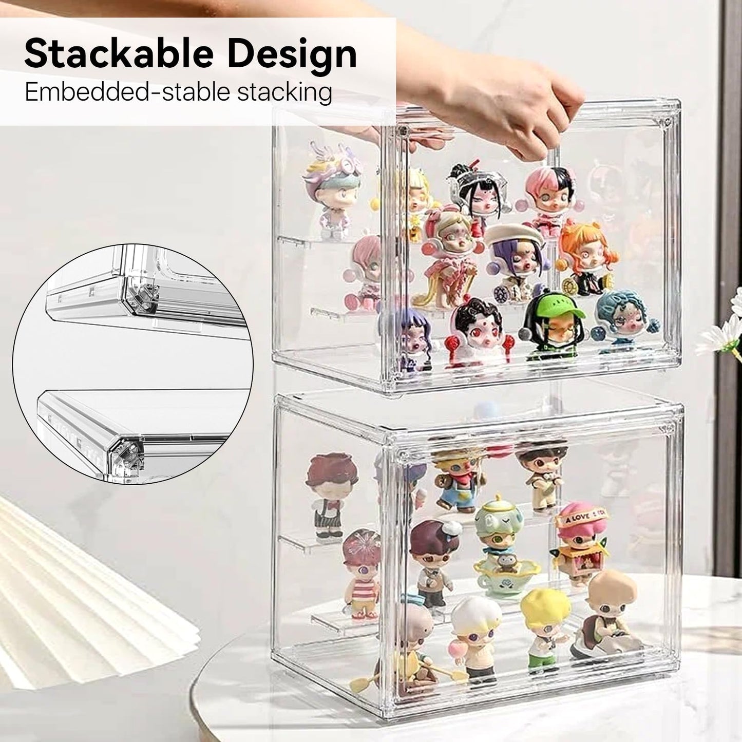 Akamino Acrylic Display Case with Removable 3-Tiered Shelves, 36 x 23 x 27cm Stackable Display Box Dustproof Countertop Cube with Openable Door