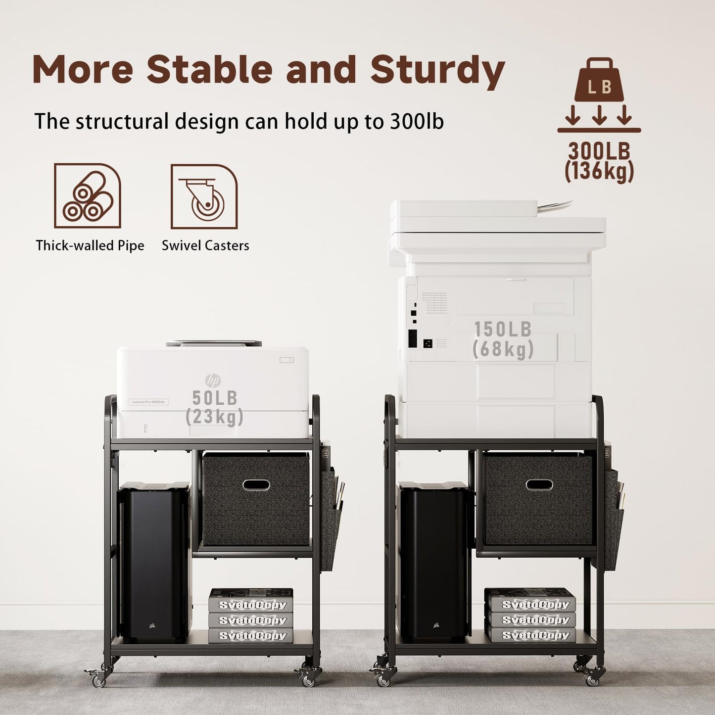 SIWUTIAO Large Mobile Printer Stand with Storage Drawer – Industrial Printer Cart with Lockable Wheels, Multi-Tier Table for Scanner, PC Tower