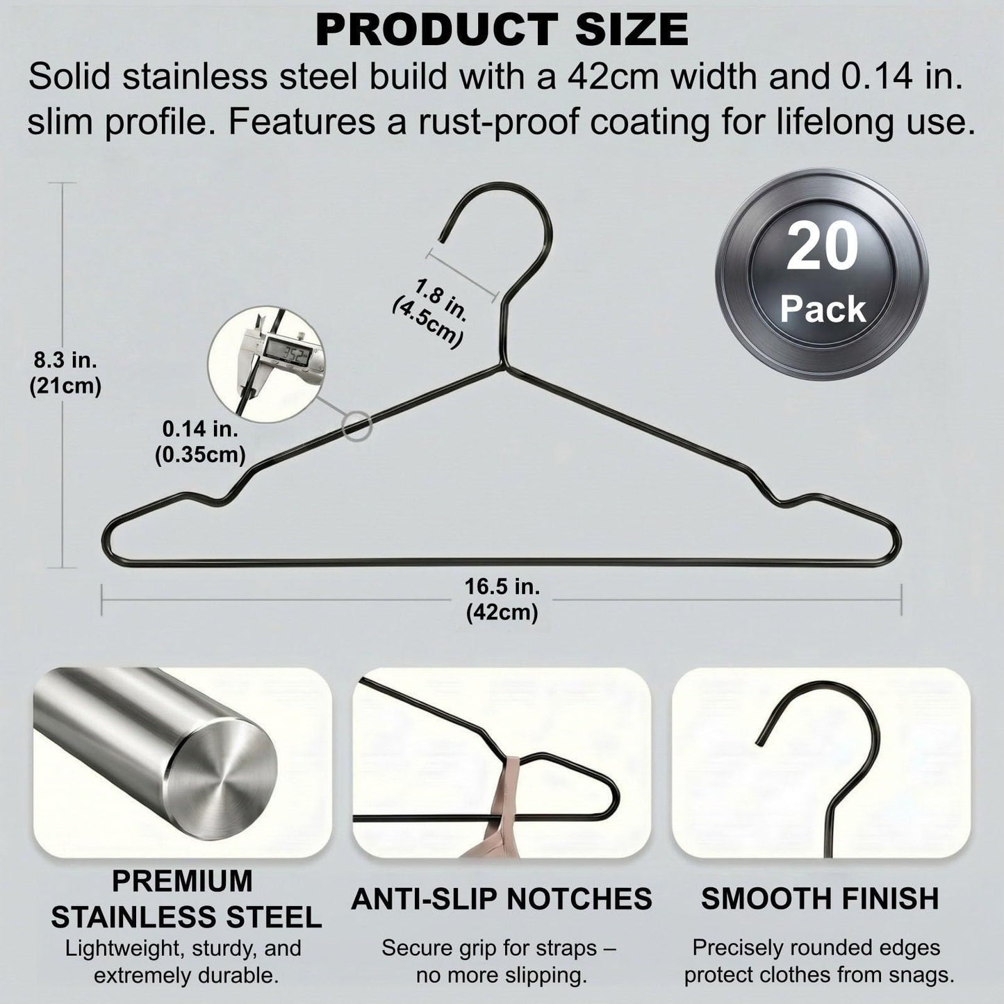 SYNHOZZ 16.5" Heavy Duty Matte Black Metal Hangers 20 Pack, Wire Black Clothes Hangers for Coat Suit, Shirts, Dress, Pants，Camisole Wedding Dress