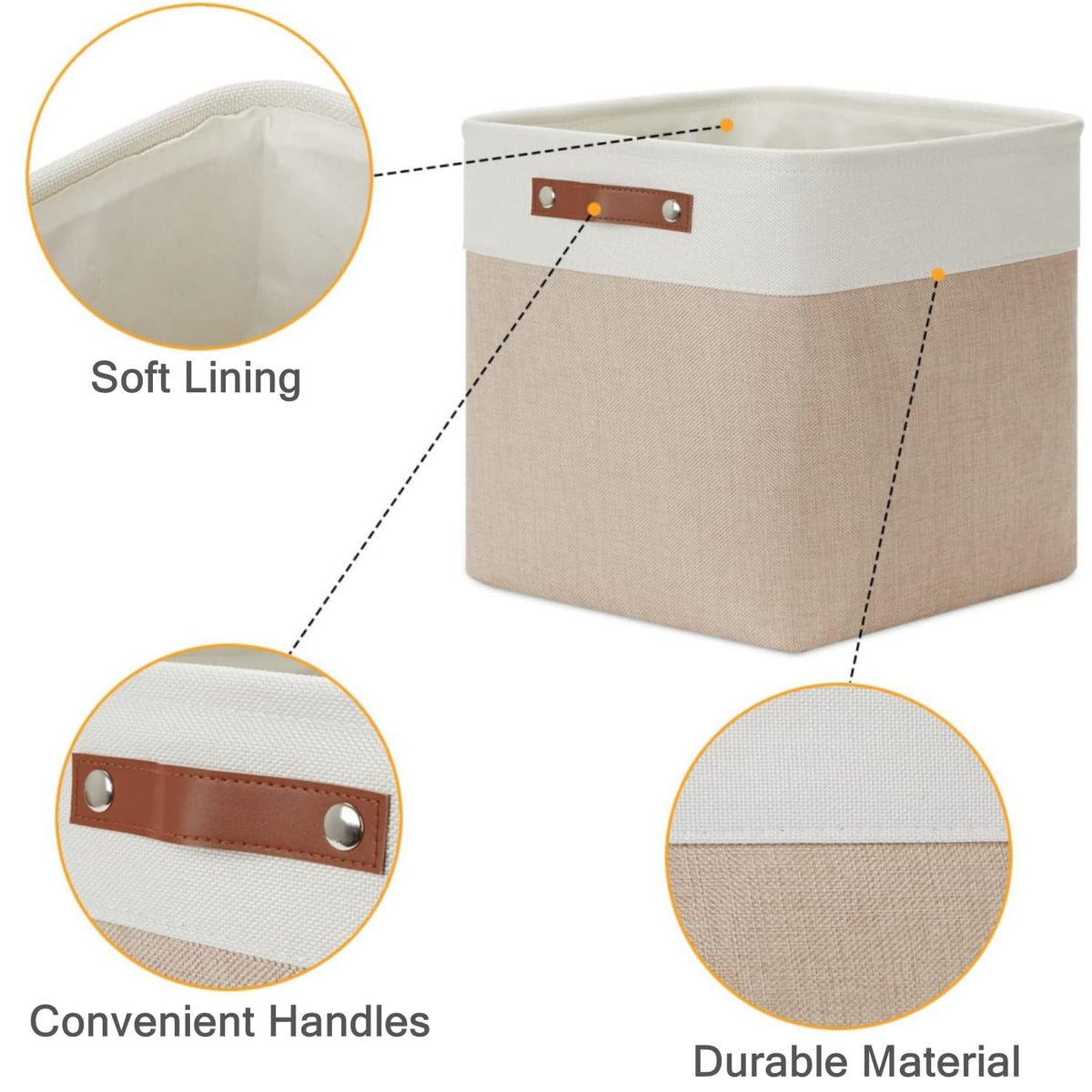 Mangata Collapsible Storage Cube Boxes, 30cm Cube Linen Woven Fabric Storage Baskets with Leather Handles 3pcs Light Khaki and White
