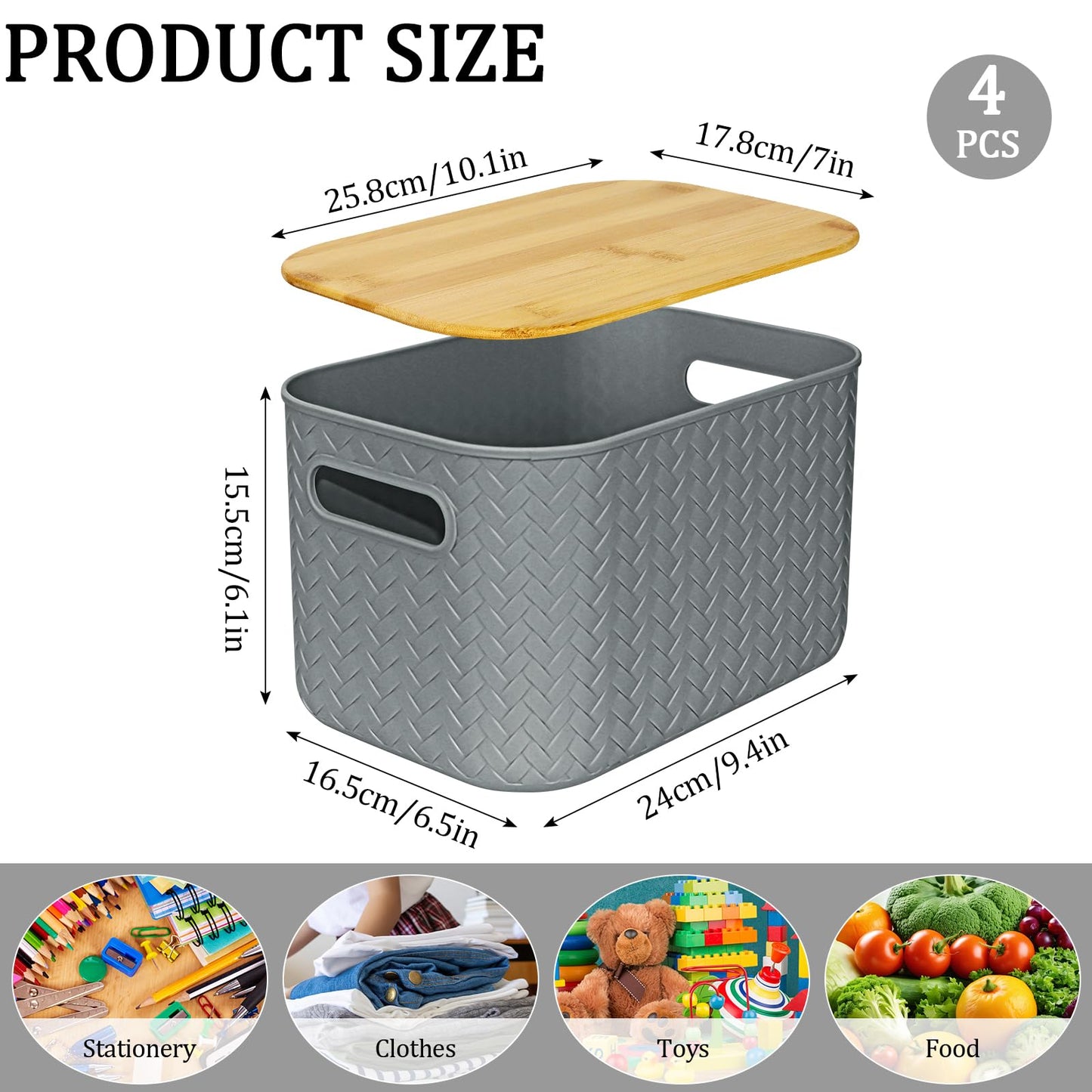 RWFMO 4 Pcs Plastic Grey Storage Baskets with Bamboo Lid for Bathroom