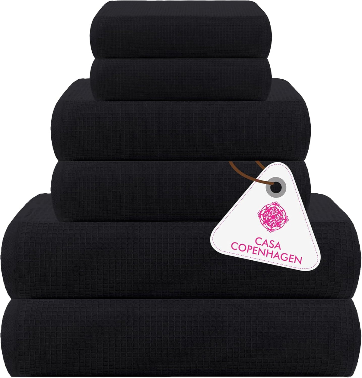 CASA COPENHAGEN Waffle Terry 6-piece set, cotton, extra large, luxurious, black, 2 bath towels XL, 70x140 cm, 2 large hand towels, 50x80 cm
