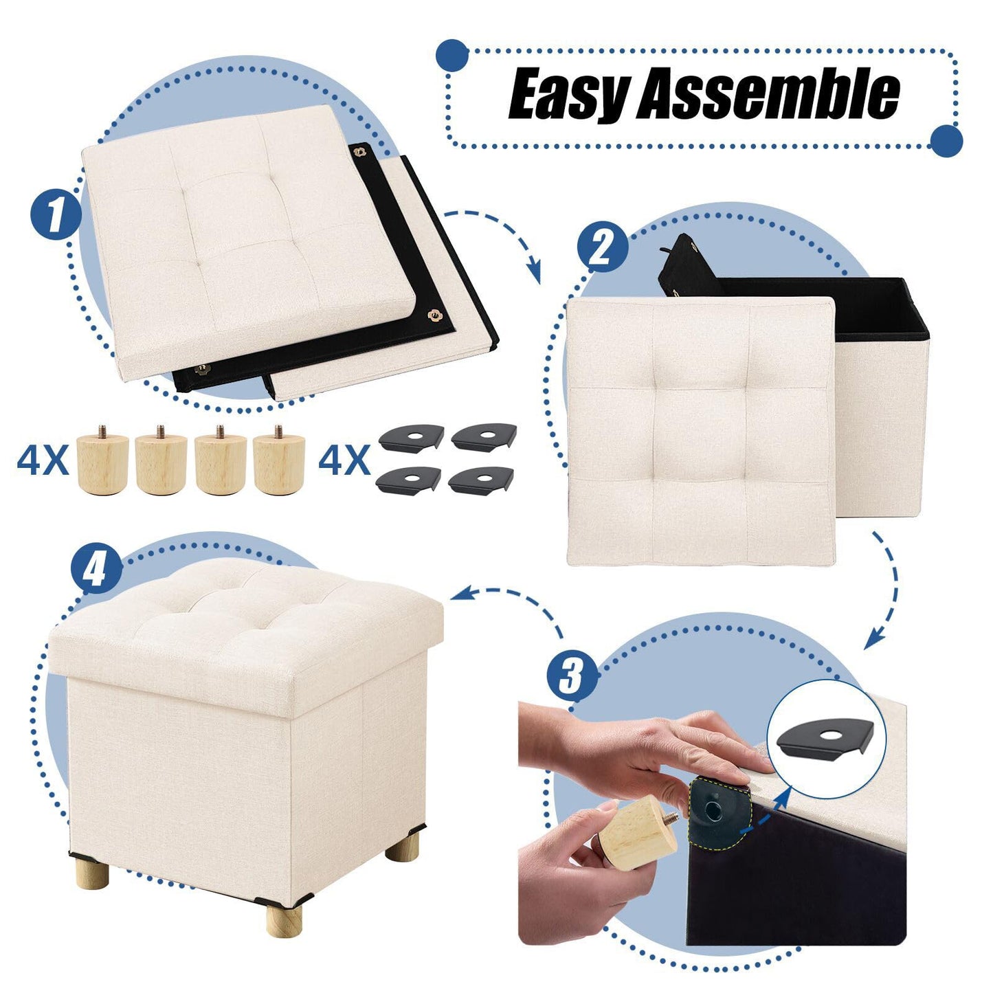 BRIAN & DANY Folding Storage Ottoman with Wood Legs, Linen Foot Stool, Storage Chest with Highly Elastic Sponge Filling, Beige, 38 x 38 x 38 cm