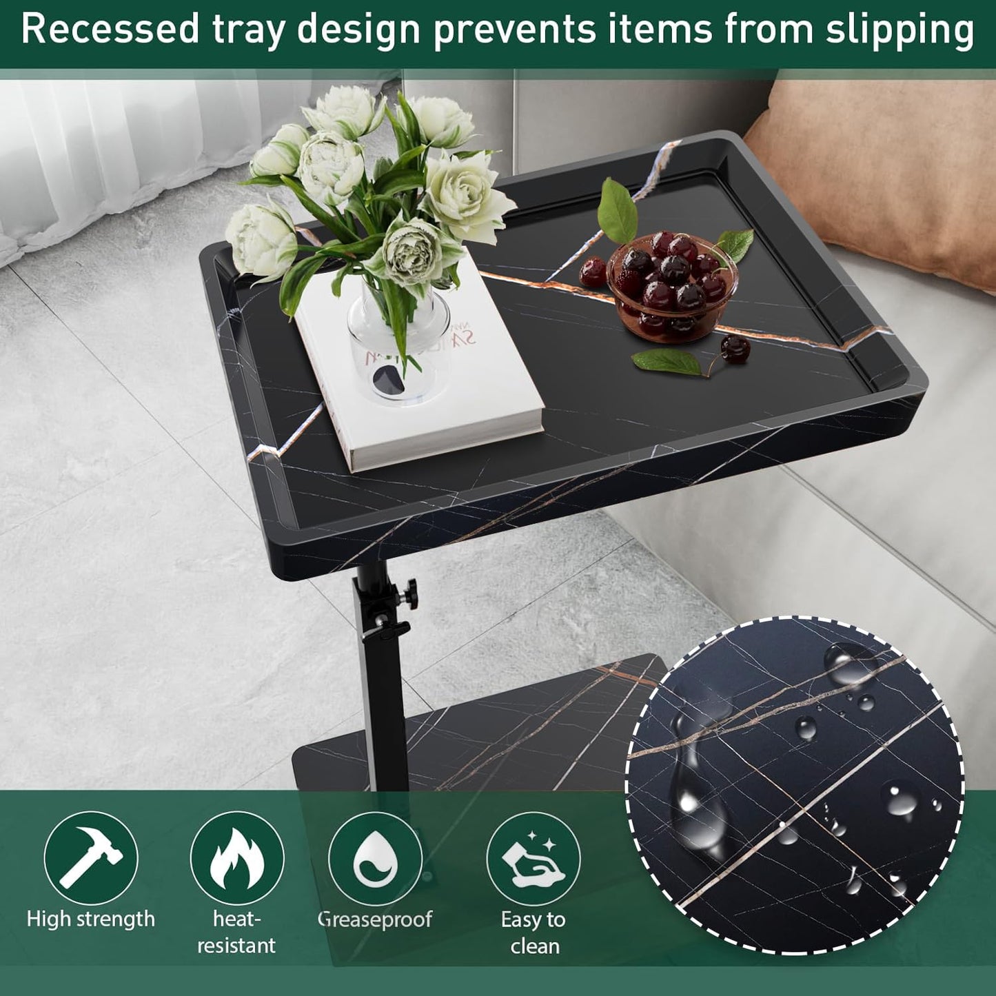 XNSDXV C Shaped Side Table Adjustable Height, 360°Swivel Bedsides Tables With Wheels, End Table for Small Spaces, Sofa Side Tables For Living room