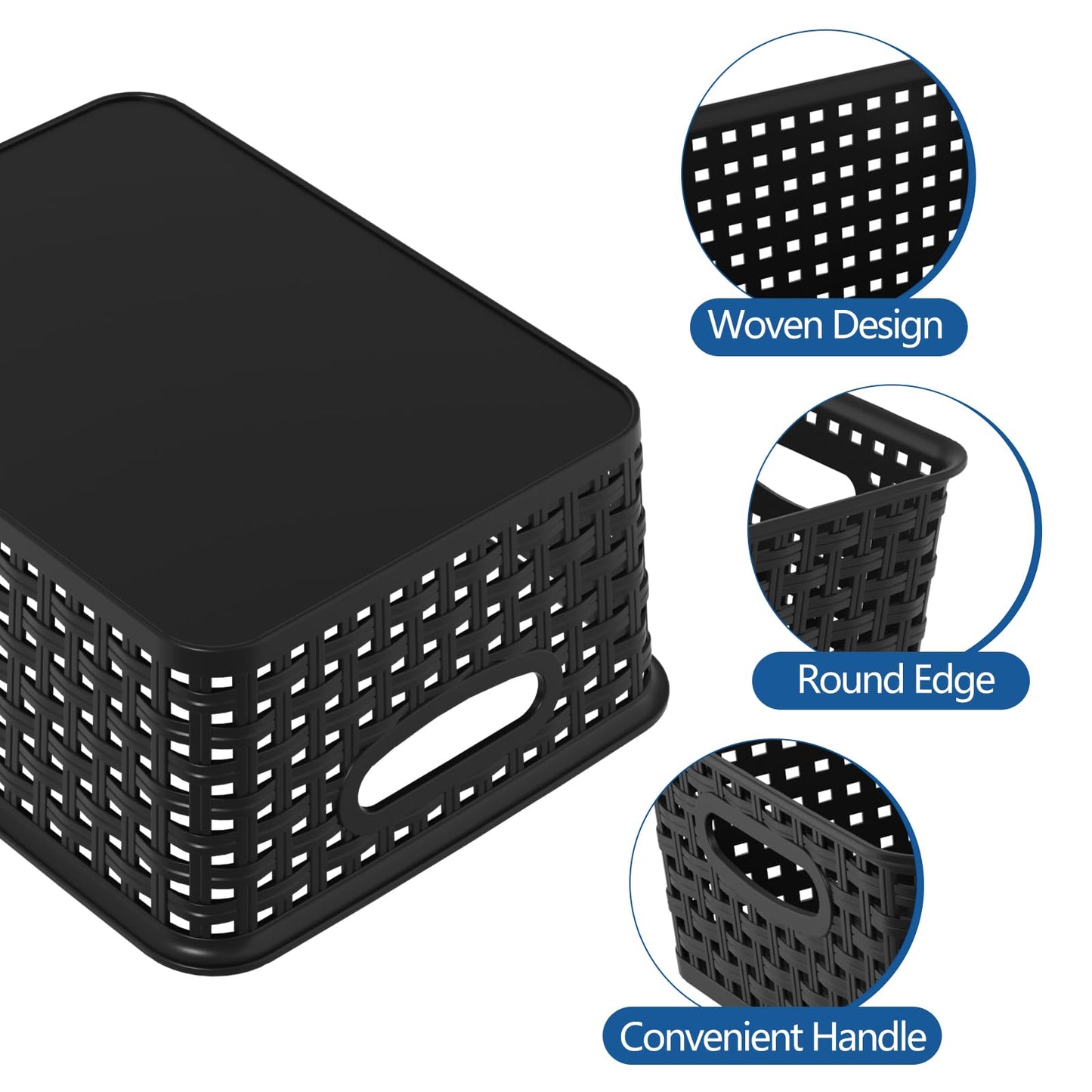 Udotry 6 Pack Plastic Weave Storage Basket Small Rattan Organizer Box Black