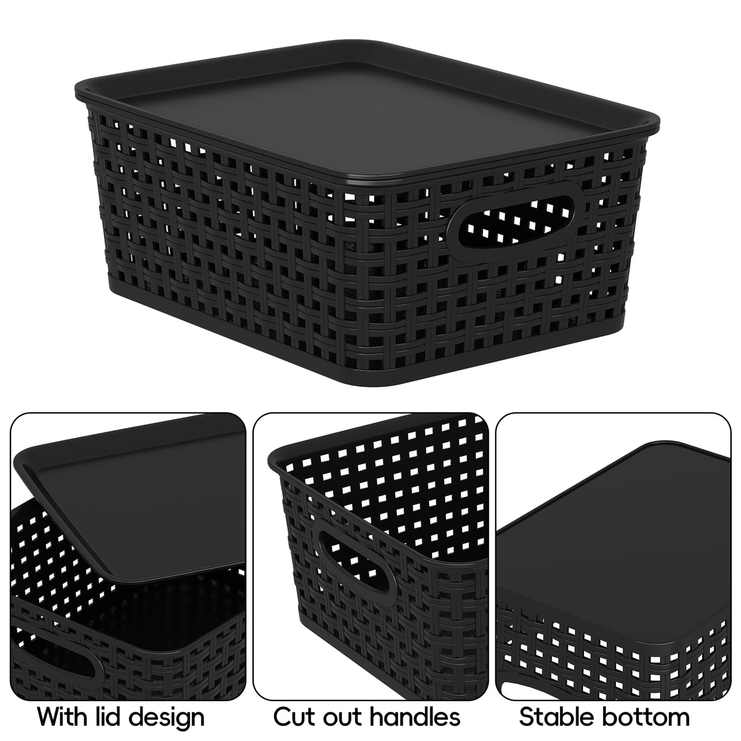 Julyeen Set of 6 Plastic Storage Baskets with Lids, Office Weave Organizer Basket Box, Black