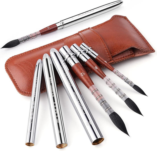 Squirrel Hair Travel Watercolour Brushes 3pcs, Natural Squirrel Mop Round Fine Tip Quill Travel Brushes for Artists, Professional Painting Brushes for