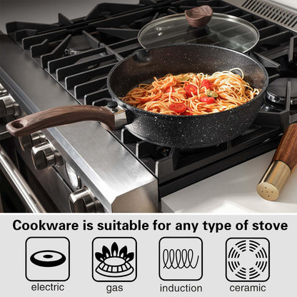 Kordisen Nonstick Deep Frying Pan with Lid, 28cm Saute Pan Skillet with Detachable Wood Handle, Granite Stone Coating for Cooking, Induction Cookware,