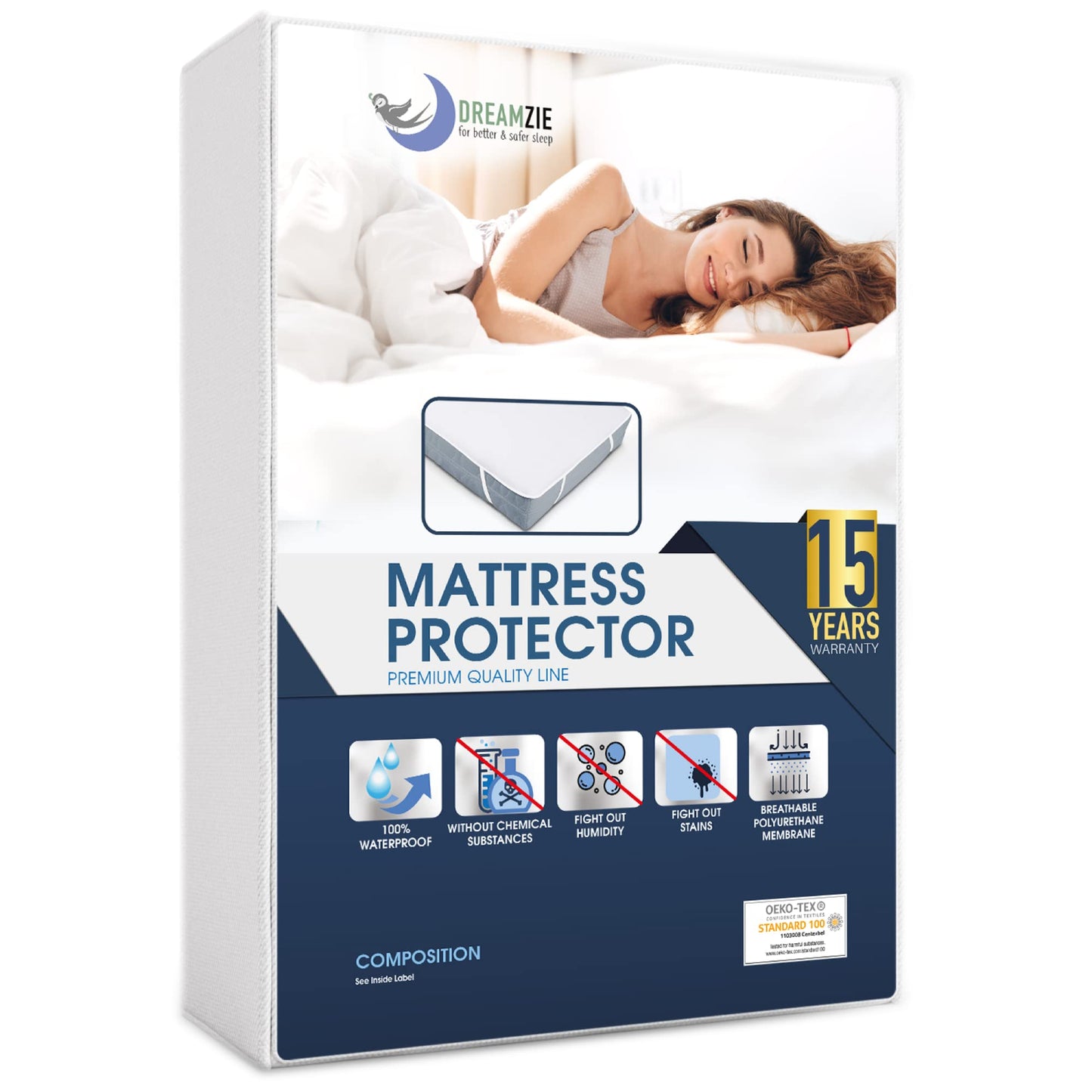 Dreamzie Mattress Protector Waterproof with 4 Elastic Corners - Made in EU - OEKO-TEX® Certified - For Mattress Double Bed 150 x 200 cm