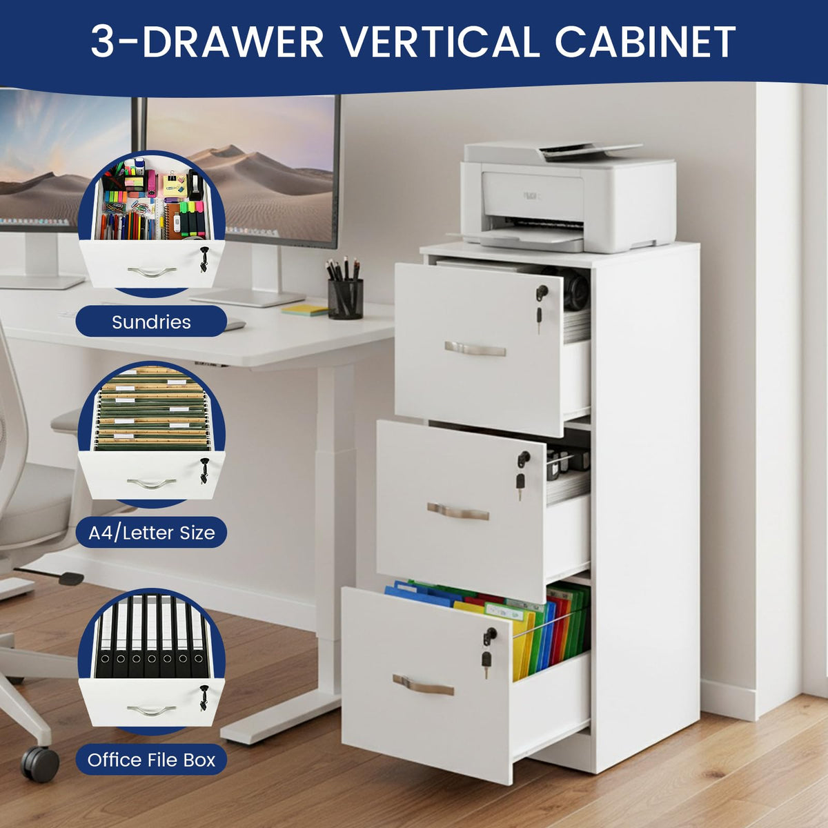 buybyroom Filing Cabinet, Lockable File Cabinet with 3 Drawers, Wooden Storage Drawers Office Cupboard Printer Stand Fits A4 Letter Size Hanging