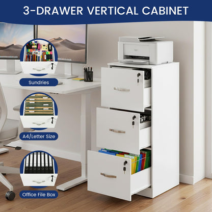 buybyroom Filing Cabinet, Lockable File Cabinet with 3 Drawers, Wooden Storage Drawers Office Cupboard Printer Stand Fits A4 Letter Size Hanging
