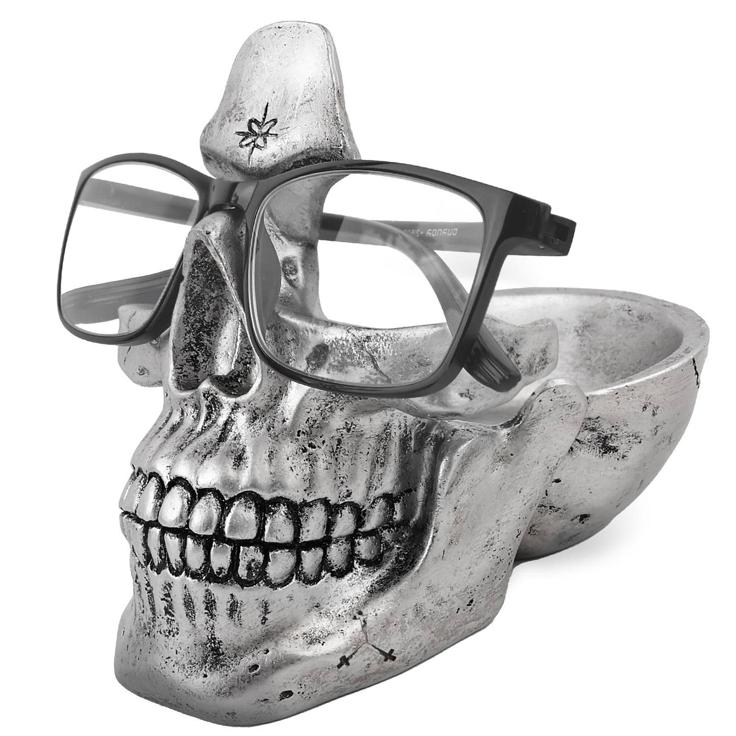 VIPbuy Skull Glasses Holder Stand, Novelty Eyeglass Holder Rack with Storage Tray for Nightstand