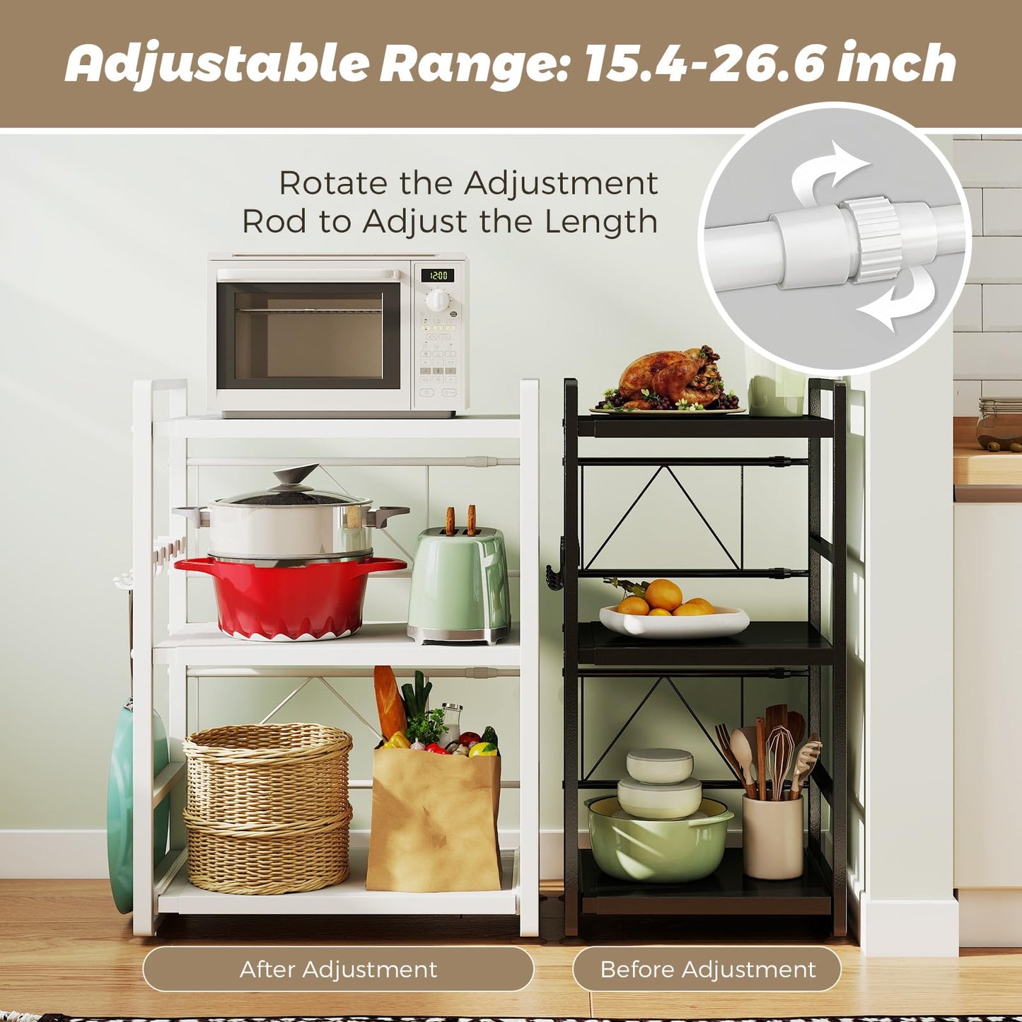 BeSokar 3-Tier Microwave Rack - Height Adjustable & Extendable Kitchen Shelf with Drawer - Made of Carbon Steel