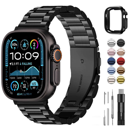 Fullmosa Metal Strap Compatible with Apple Watch Ultra 3/2/1 49mm Straps, Stainless Steel Replacement Band for Men Women, Black & Protective Case