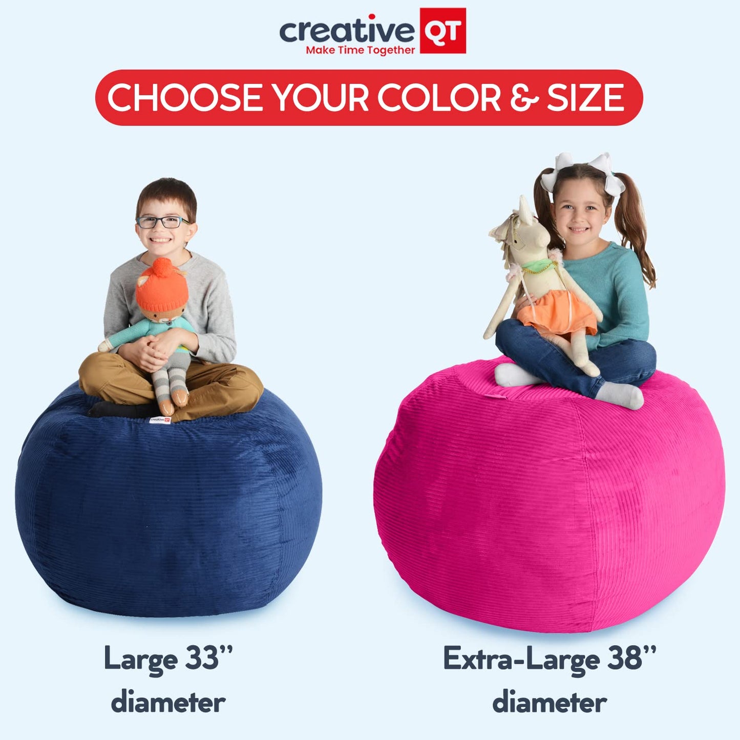 Creative QT Stuff ’n Sit Large 33’’ Bean Bag Storage Cover for Stuffed Animals & Toys, Giant Beanbag Chair for Plush