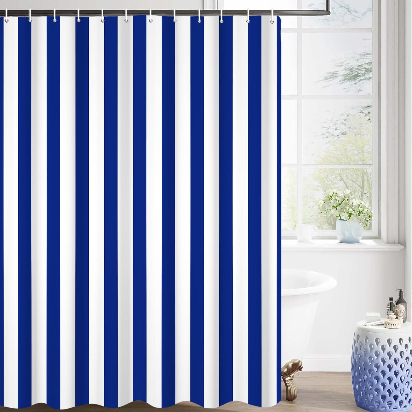 GCIREC Shower Curtain, 180x200cm, Blue and White Modern Minimalism Vertical Stripes Waterproof Fabric Machine Washable Bathroom Curtain with Hooks