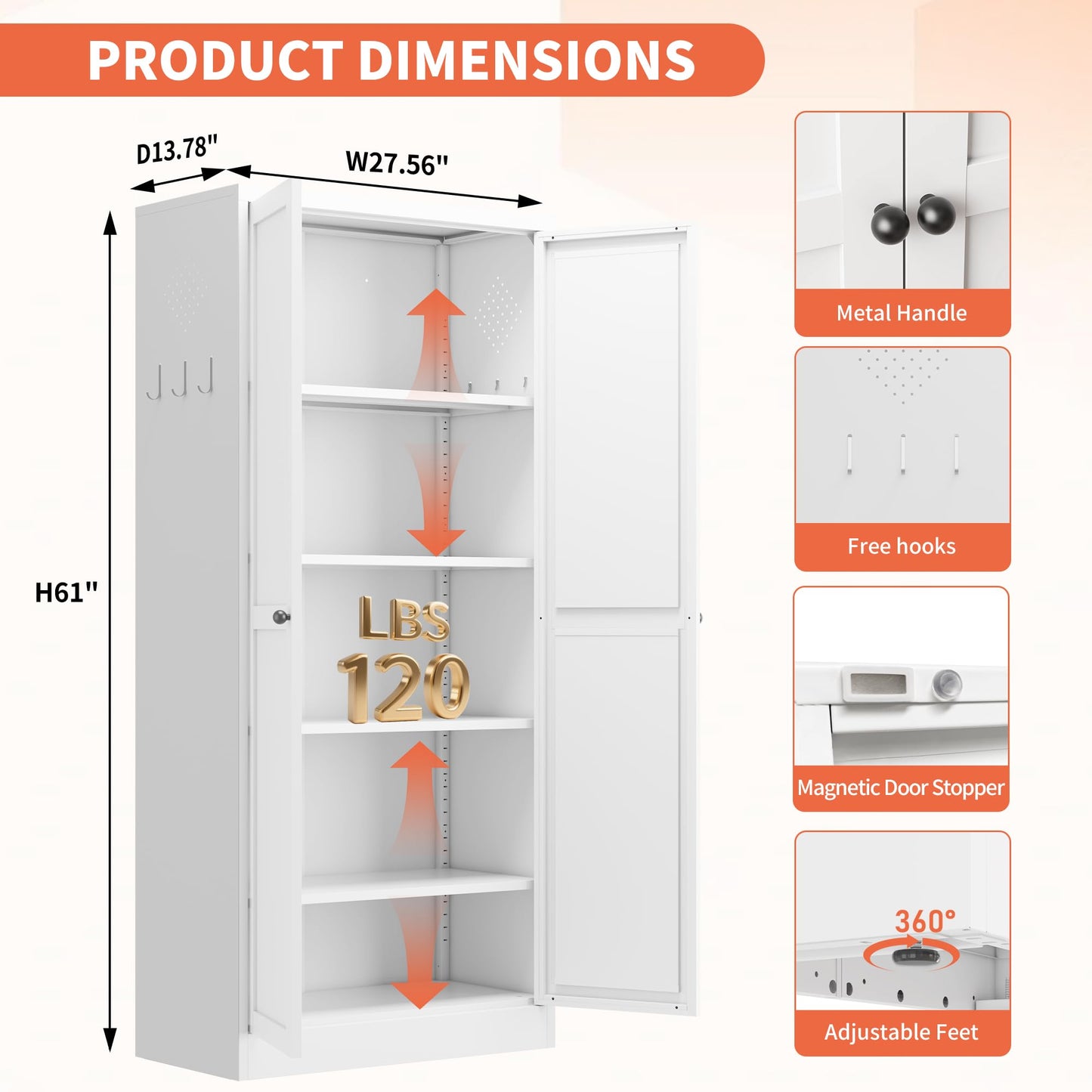IKIMI 61" Metal Storage Cabinet with 2 Doors and 4 Adjustable Shelves,Steel Filing Cabinets 5-Tier Tool Cabinet,Sideboard Pantry Cabinet,White