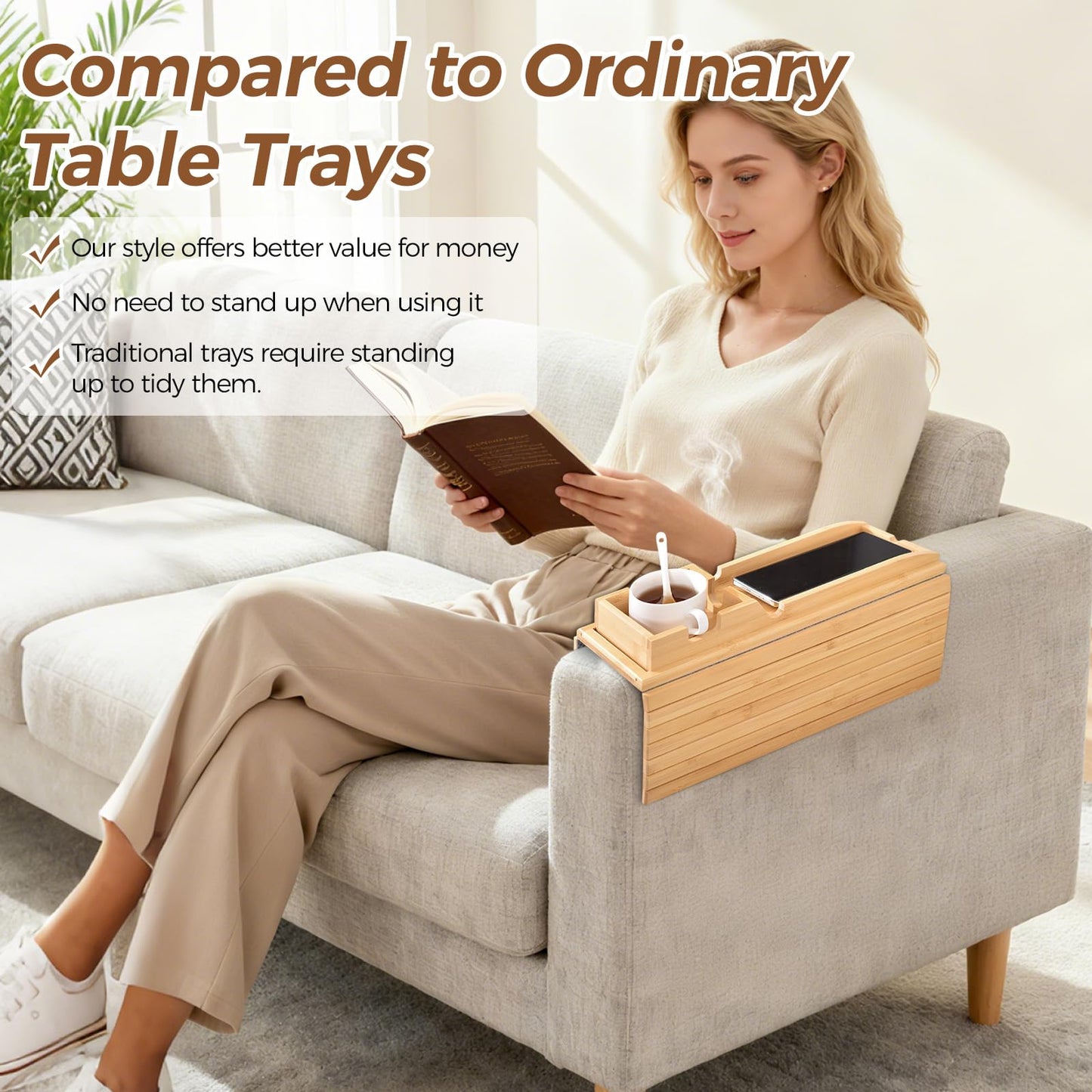 Refein Sofa Arm Tray with Cup Holder - 2-in-1 Foldable