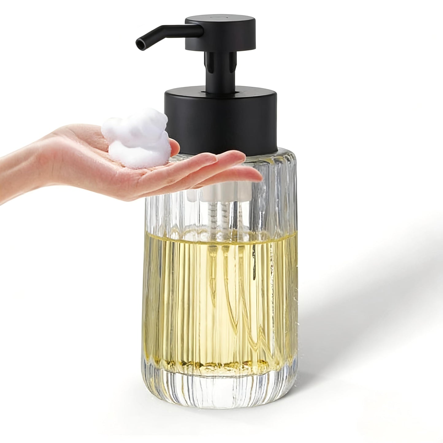 Easy Tang Glass Foaming Soap Dispenser with Black Pump, 12 OZ Vintage-Inspired Modern Glass Refillable Bottle for Bathroom Vanity Countertop and
