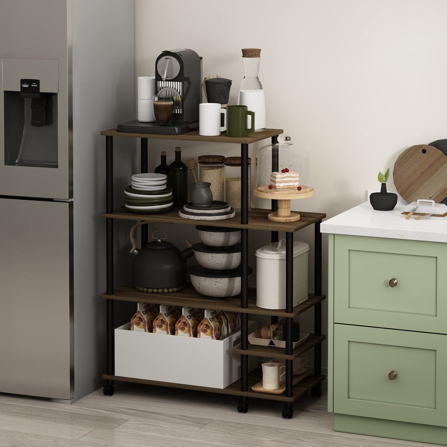 Furinno TURN-N-TUBE Bakers Rack with Wheels, 4-Tier Kitchen Storage Cart, Kitchen Cart, Coffee Bar, Pantry Organizers and Storage, Brown Walnut