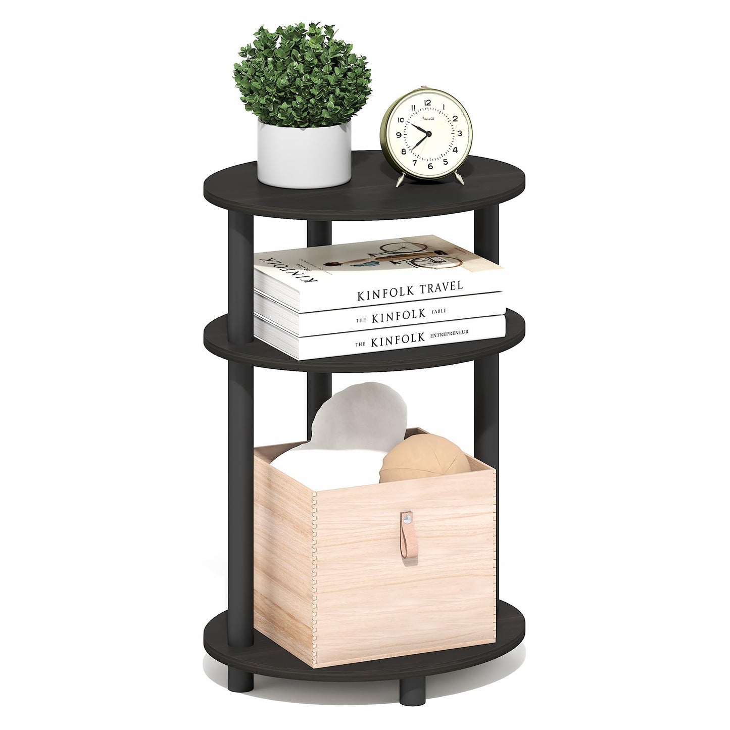 Furinno TURN-N-TUBE Side Table, 3-Tier Oval End Table, Night Stand, Bedside Table, for Living Room, Bedroom, Espresso/Black