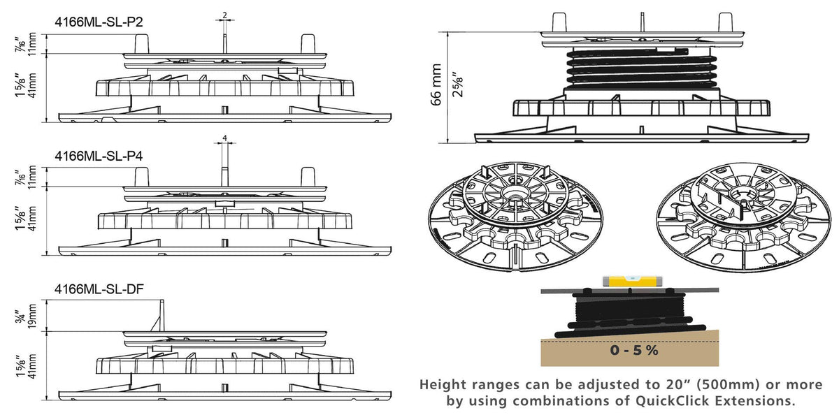 StrataRise SELF-Levelling Pedestals with 4mm spacers - 30 Pcs - Support 650Kg 1430 lbs