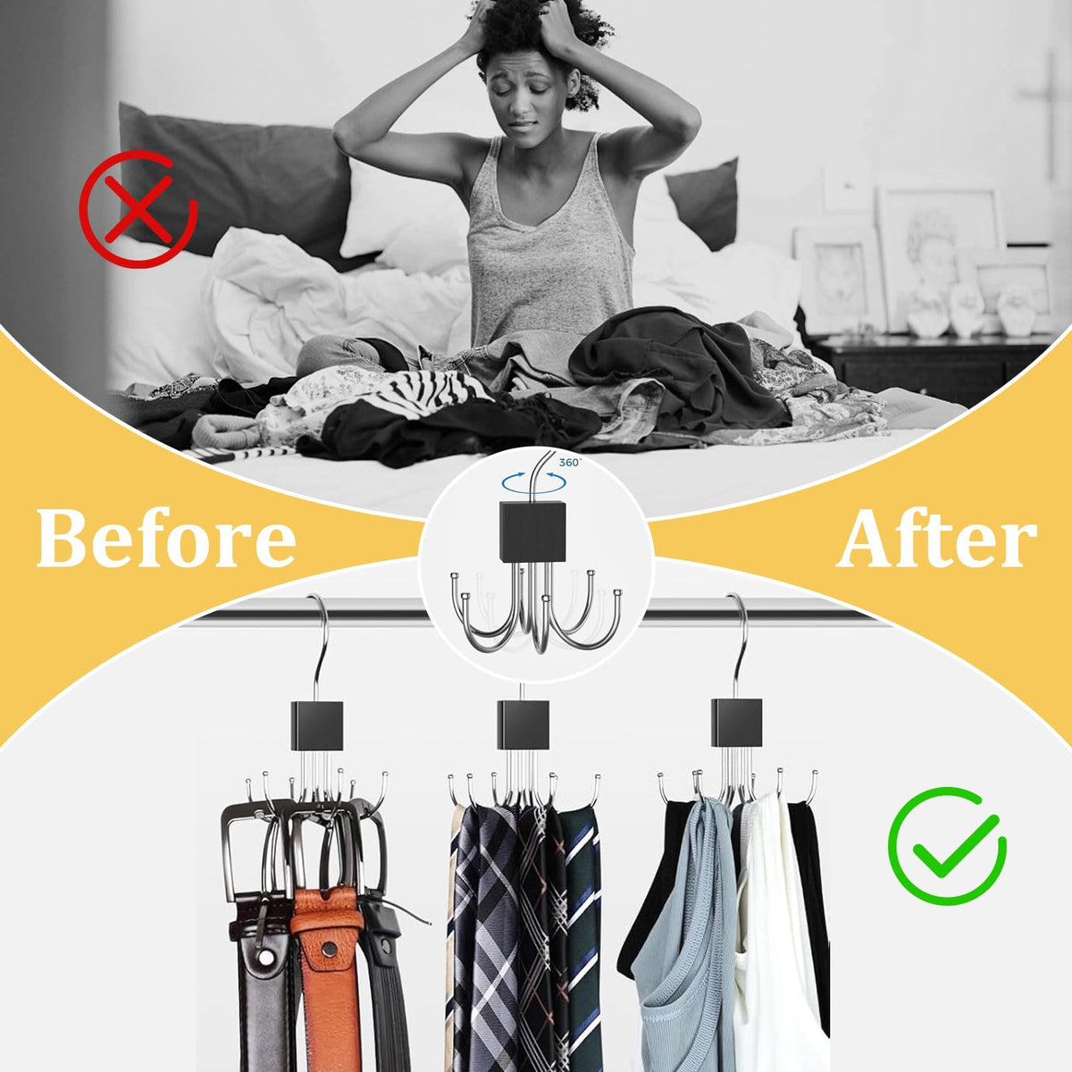 Belt Hanger Tie Rack for Wardrobe2Pack – 360° Rotatable Closet Organizer with 6 Hooks Space Saving Storage Holder for Belts Ties Scarves Bras Wood